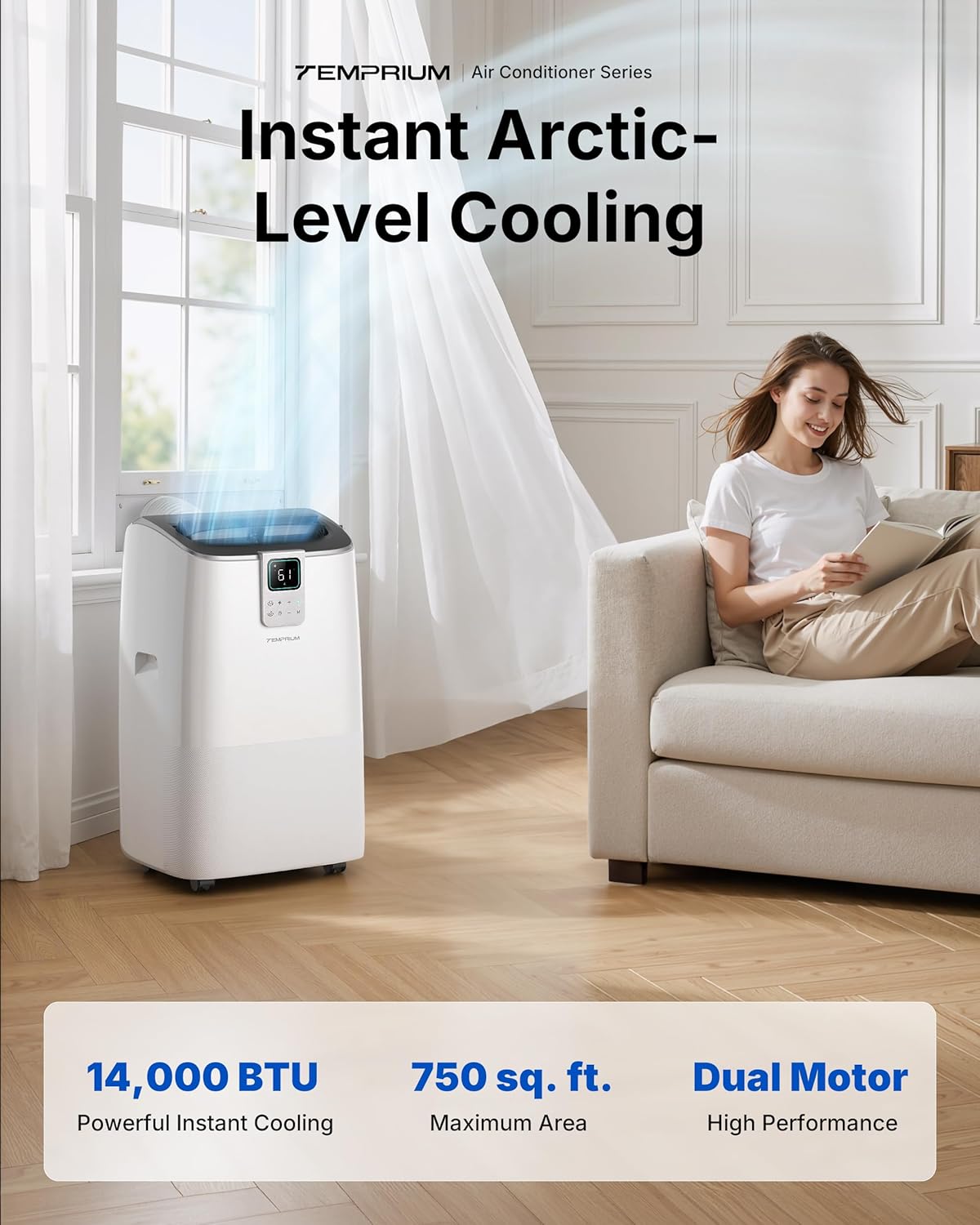 14000 BTU Portable Air Conditioners up to 750 Sq.ft, Quiet AC for Bedroom with 41dB, Silent Mode, 24H Timer, 4-in-1 Smart Portable AC Unit with Drainage-free Cooling, APP/Voice/Remote Control