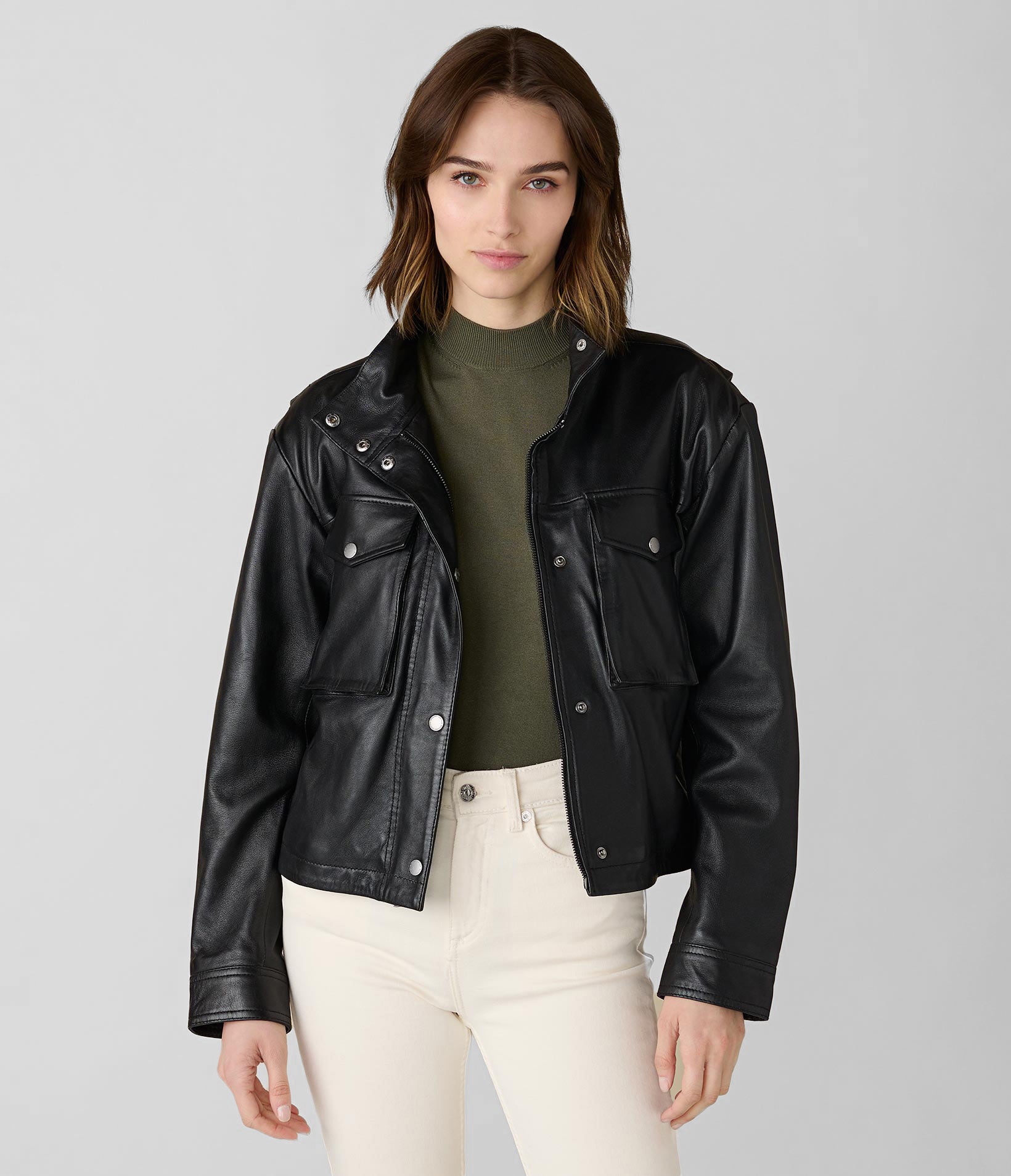 Button Neck Leather Jacket
