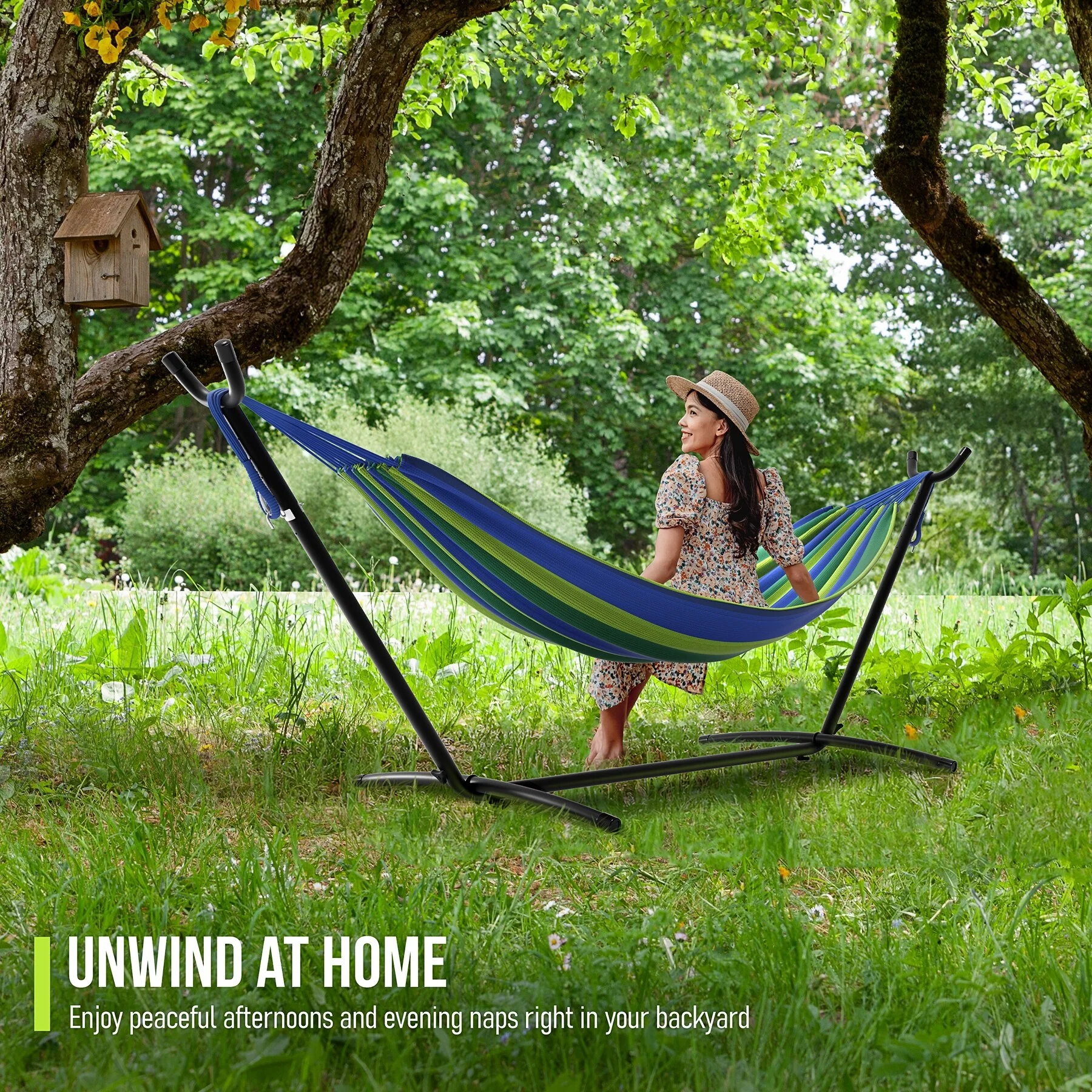 Brazilian Blue, Sand, Purple, Red Stripes Double Hammock with Stand