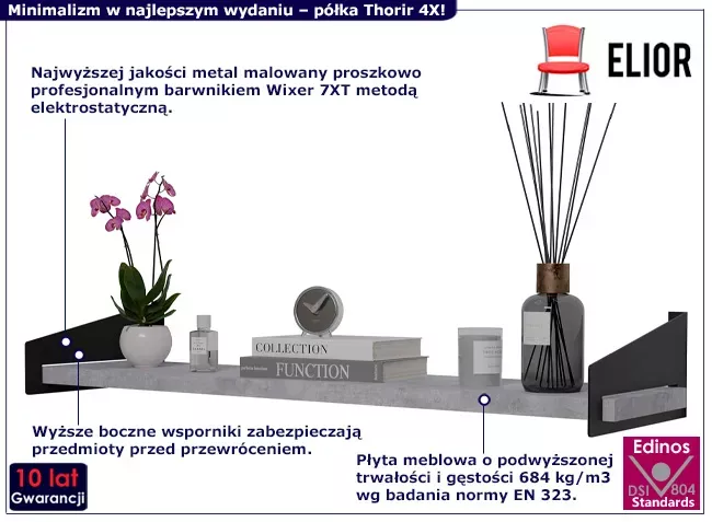 Nowoczesna półka ścienna na książki czarny   beton - Joeno