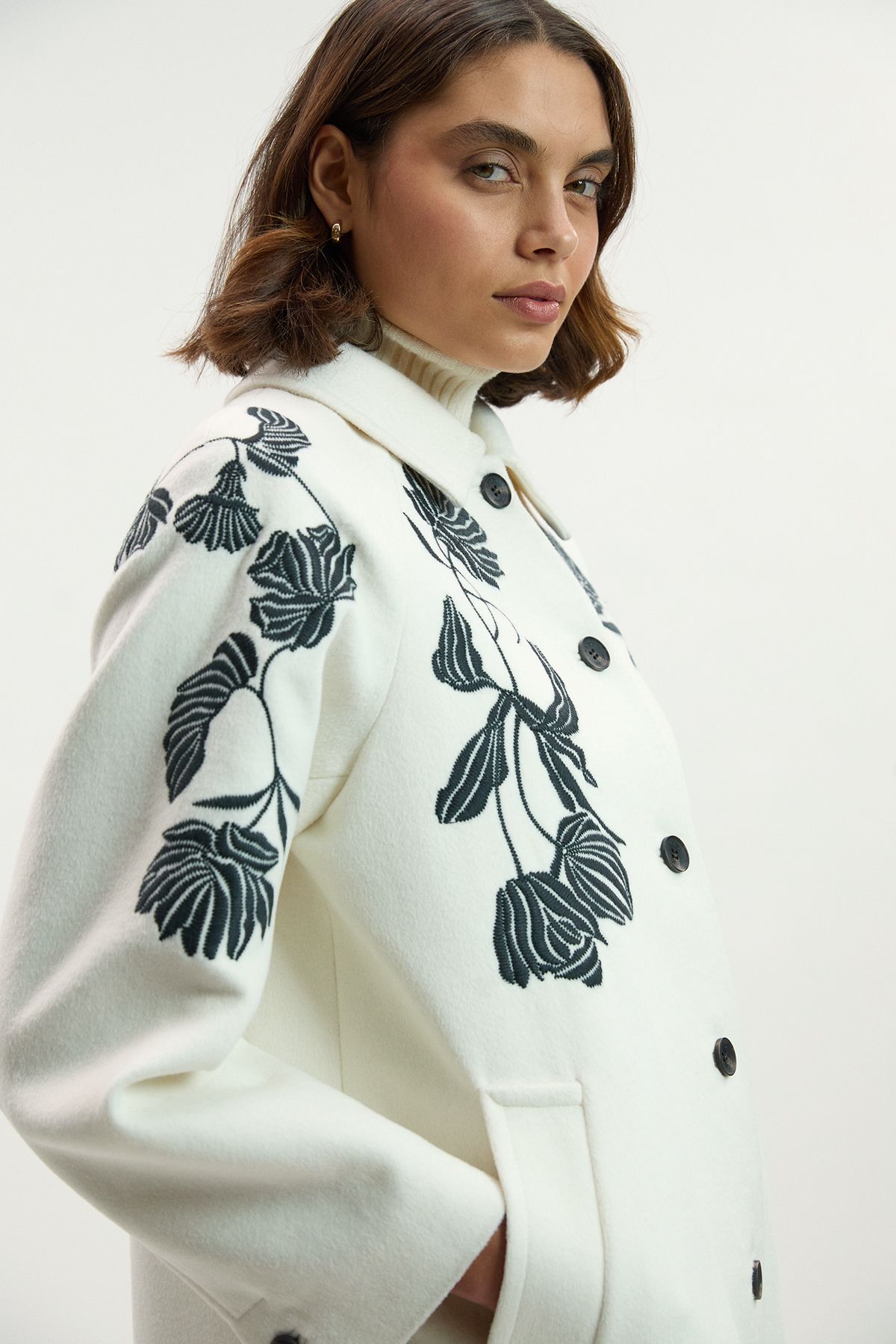 KarenMillen Brushed Wool Placed Embroidery Tailored Midi Coat