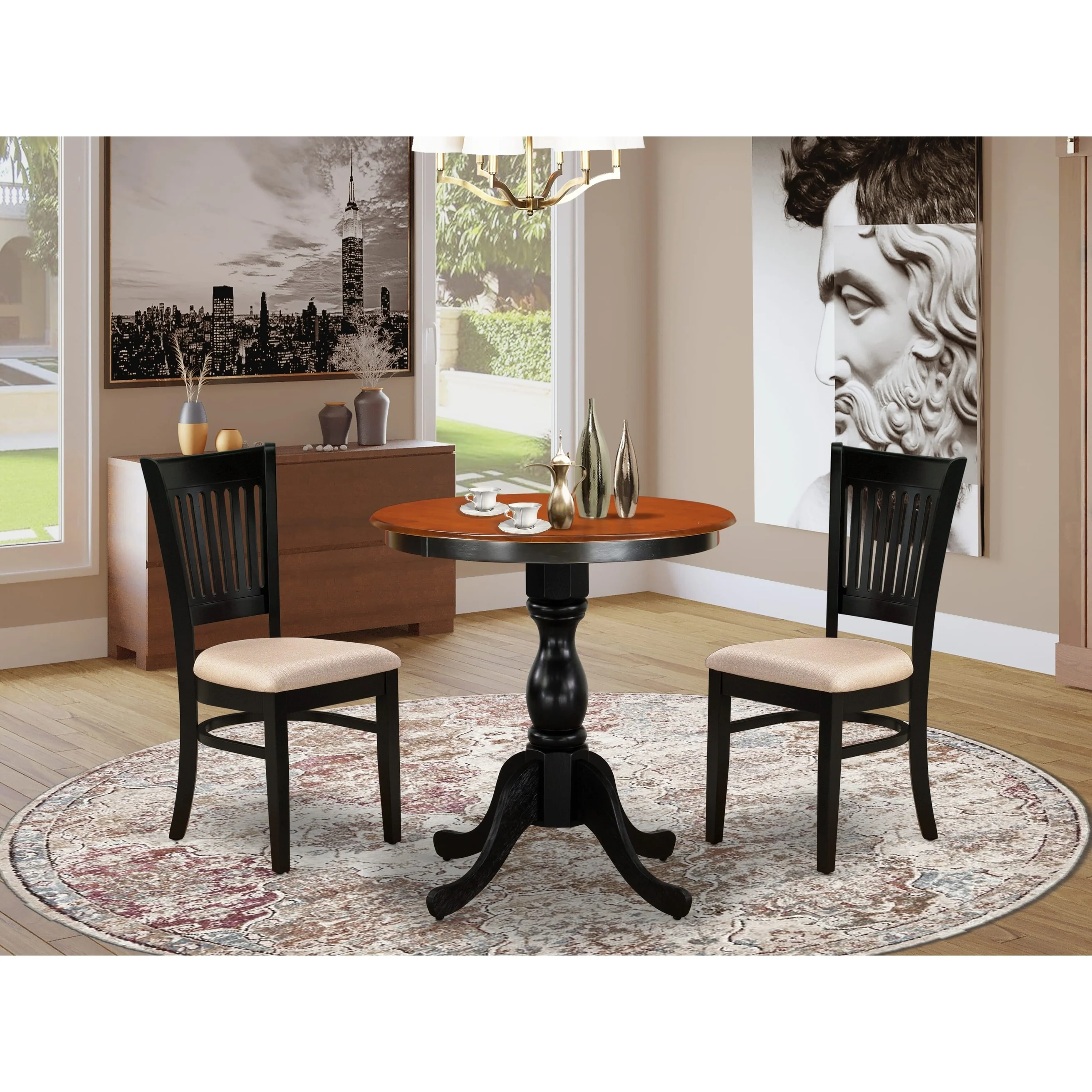 East West Furniture 3 Piece Dining Table Set- a Round Dining Table and 2 Kitchen Chairs, Black & Cherry (Seat Options)