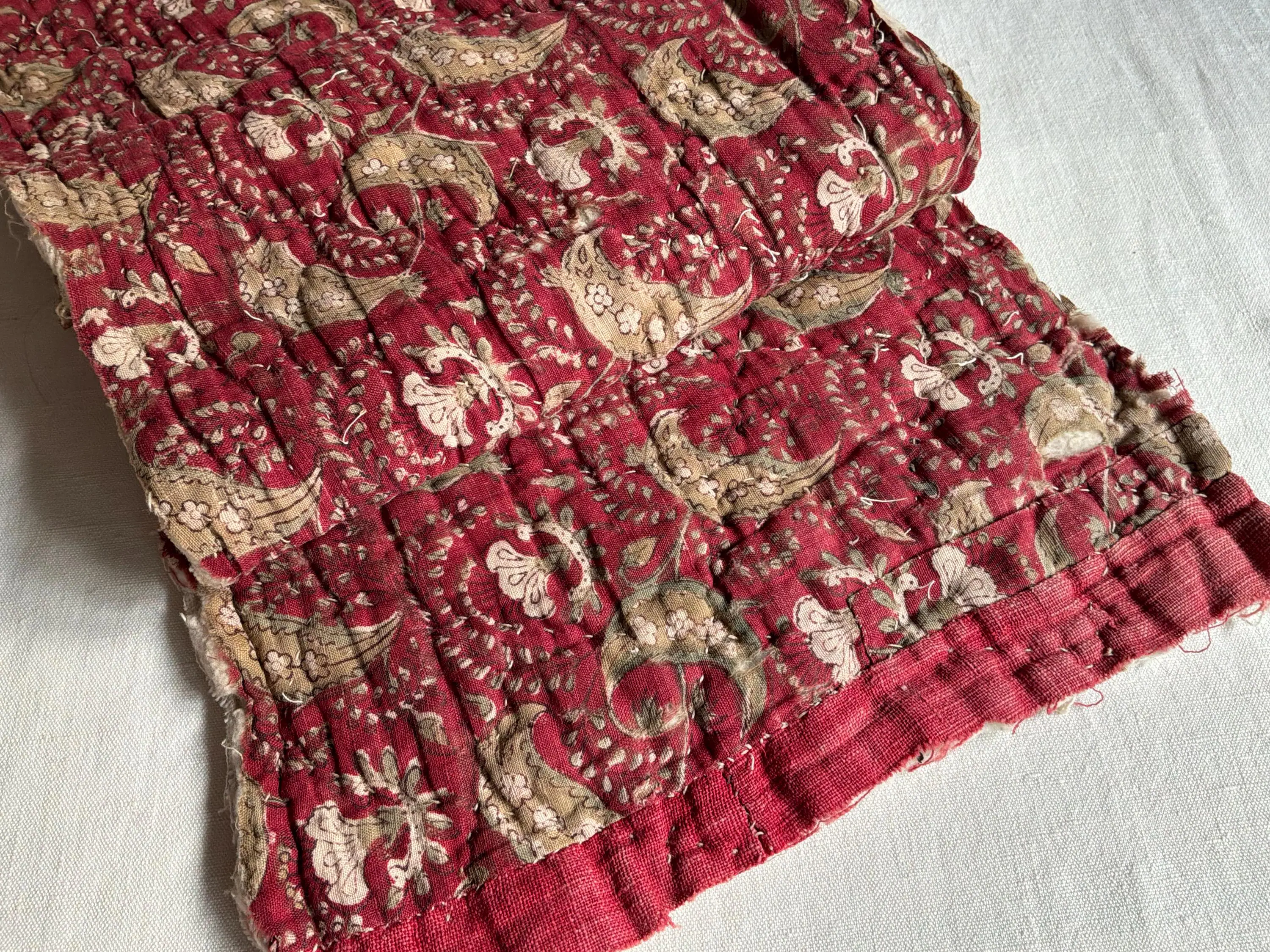Antique French Quilt Fragment c. 1800 | Madder Red Indienne Linen | Hand Quilted Early French Textile Timeworn Rustic