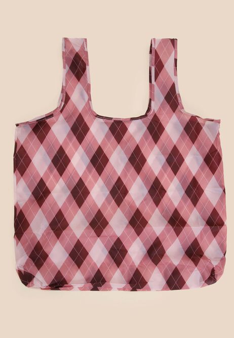 Womens Pink Argyle Foldable Shopper Tote Bag