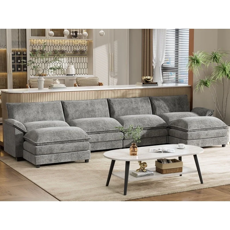 Furniwell 4 Seats U-Shaped Sectional Sofa with 2 Movable Ottomans Modern Fabric Convertible Modular Couch for Living Room