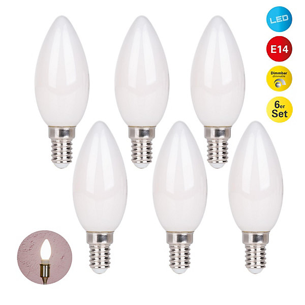 Lot de 6 ampoules LED avec douille E14, forme bougie 4 watts, en métal et verre, laiteux