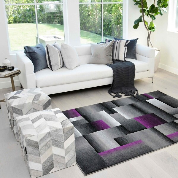 HR Purple Grey Silver Black Abstract Rug Modern Geometric Square Design