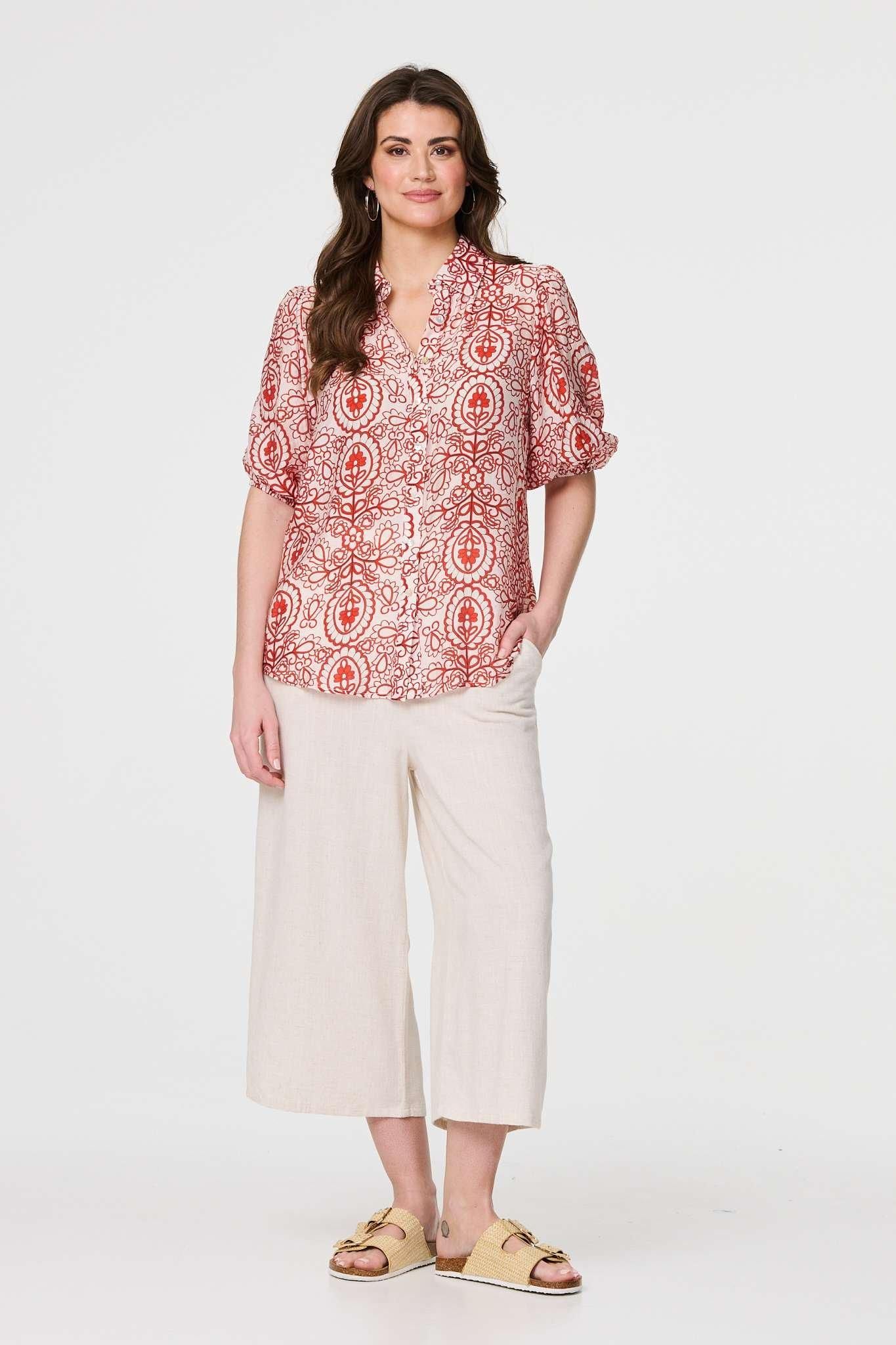 Izabel London Printed Puff 1/2 Sleeve Button-Up Shirt