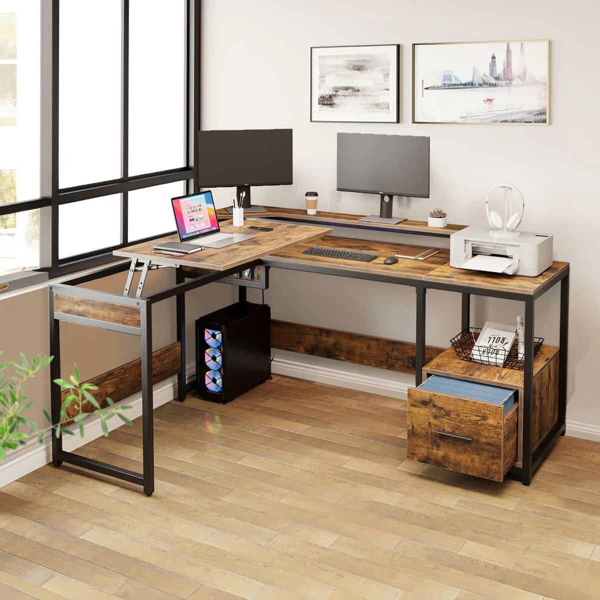 Moasis 65 Large L Shaped Desk with Monitor Shelf, Lift Top Computer Desk with Cabinet for Office Home