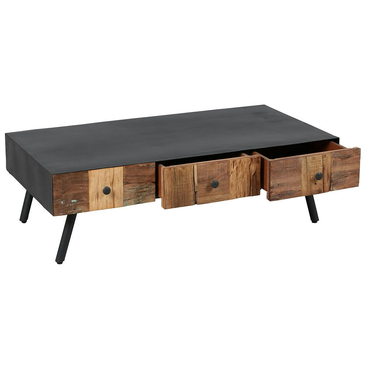 FULBERT - Table  basse 3 tiroirs acier et bois massif
