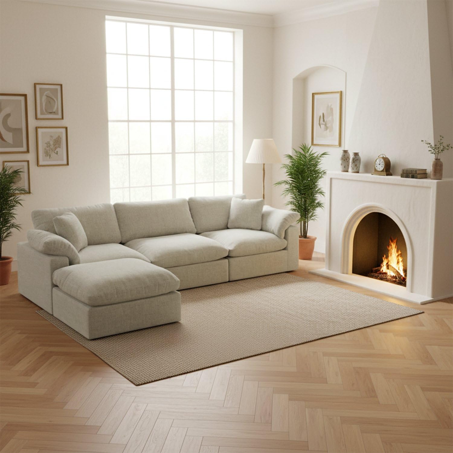 Modular Sectional Sofa Cloud Couch,Down Filled Comfy Cloud Modern Sofa,Light Beige Linen L Shape Oversized Couch Cushion Covers Removable Furniture for Living Room
