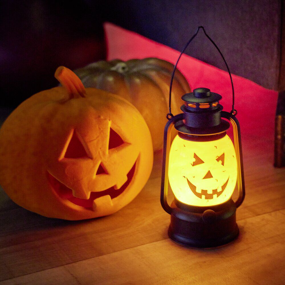 Lanterne LED Halloween tête citrouille orange et noire Ø12xH20,5cm