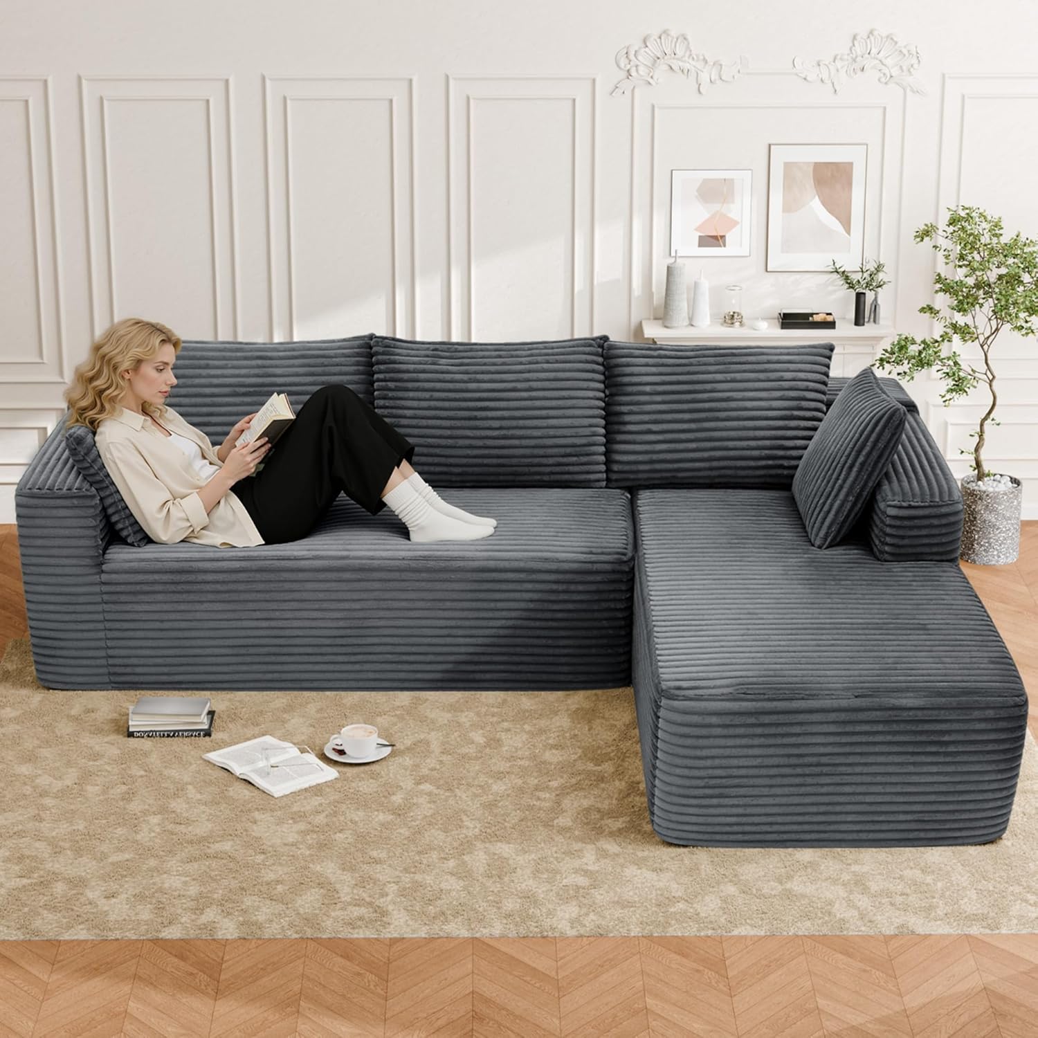Cloud Sectional Couch, 105” Fluffy Modular L-Shape Sofa with Left Chaise Lounge, Modular Sectional Sofa in a Box, Boneless Couch for Living Room, No Assembly Required, Flannel Gray