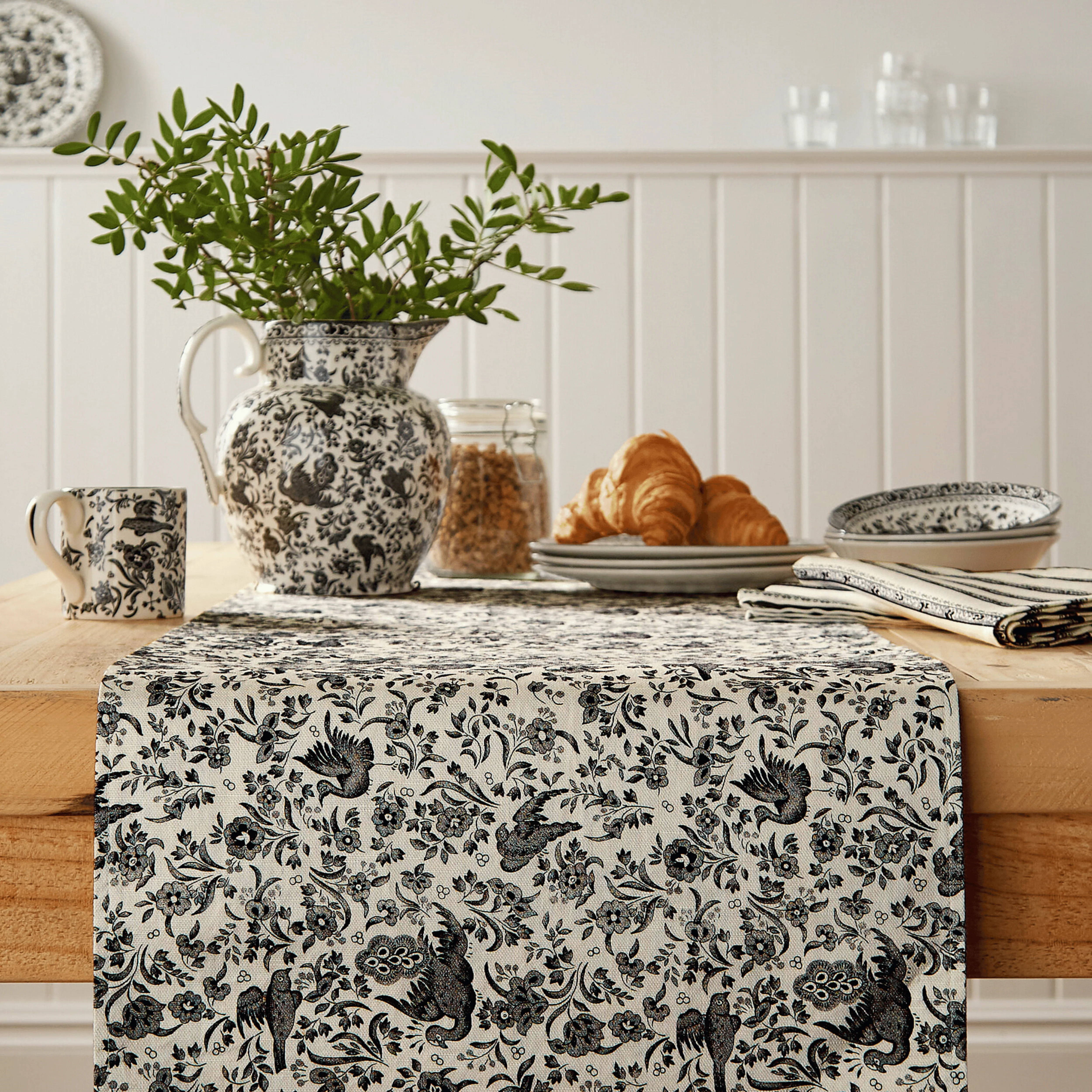 Burleigh x Bedeck of Belfast Charcoal and White Regal Peacock Table Runner