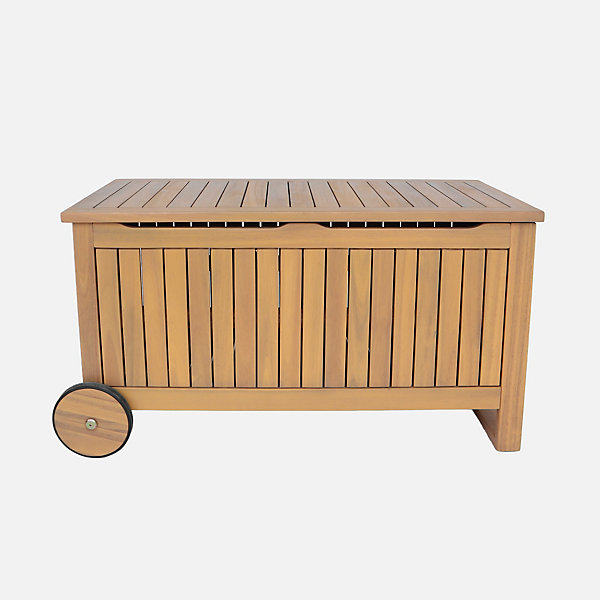 Coffre de jardin bois d'acacia avec roulettes couleur teck 119L - Kivo