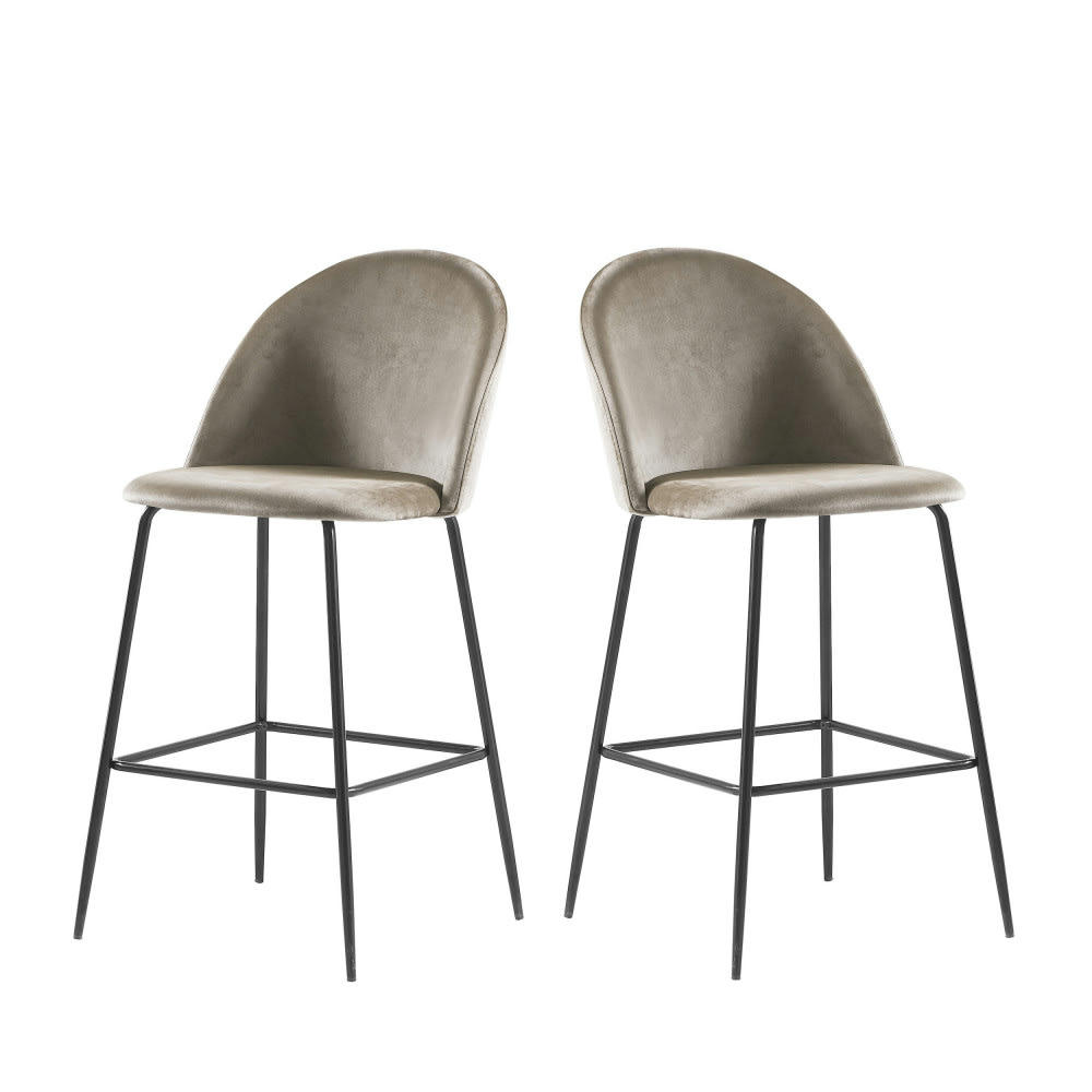 VITIKKO - Lot de 2 fauteuils de bar 65cm en velours et pieds noirs taupe