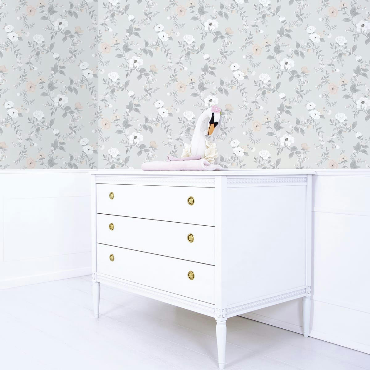 GRACE - Papier peint fleurs, roses en Papier Gris 50cm x 10m