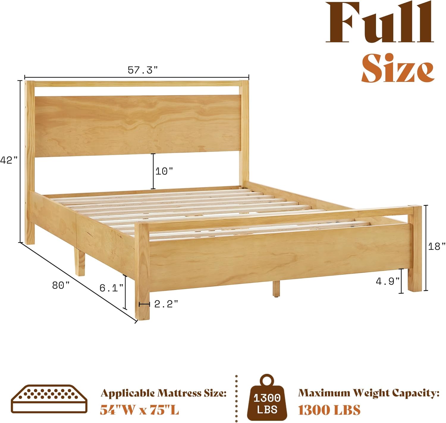 AMERLIFE Full Size Solid Wood Bed Frame with Headboard, Minimalist Platform Bed with Wood Slats Support/No Box Spring Needed/Easy Assembly/Noise-Free, Natural