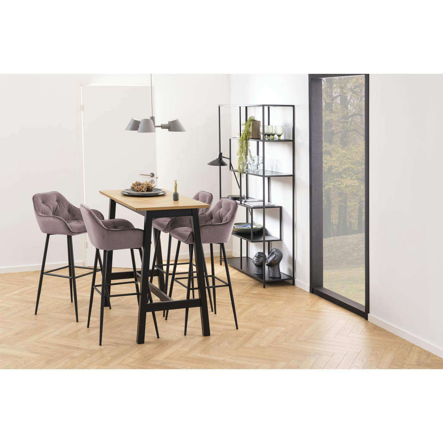 FLORIE - Lot de 2 tabourets de bar en tissu et métal rose