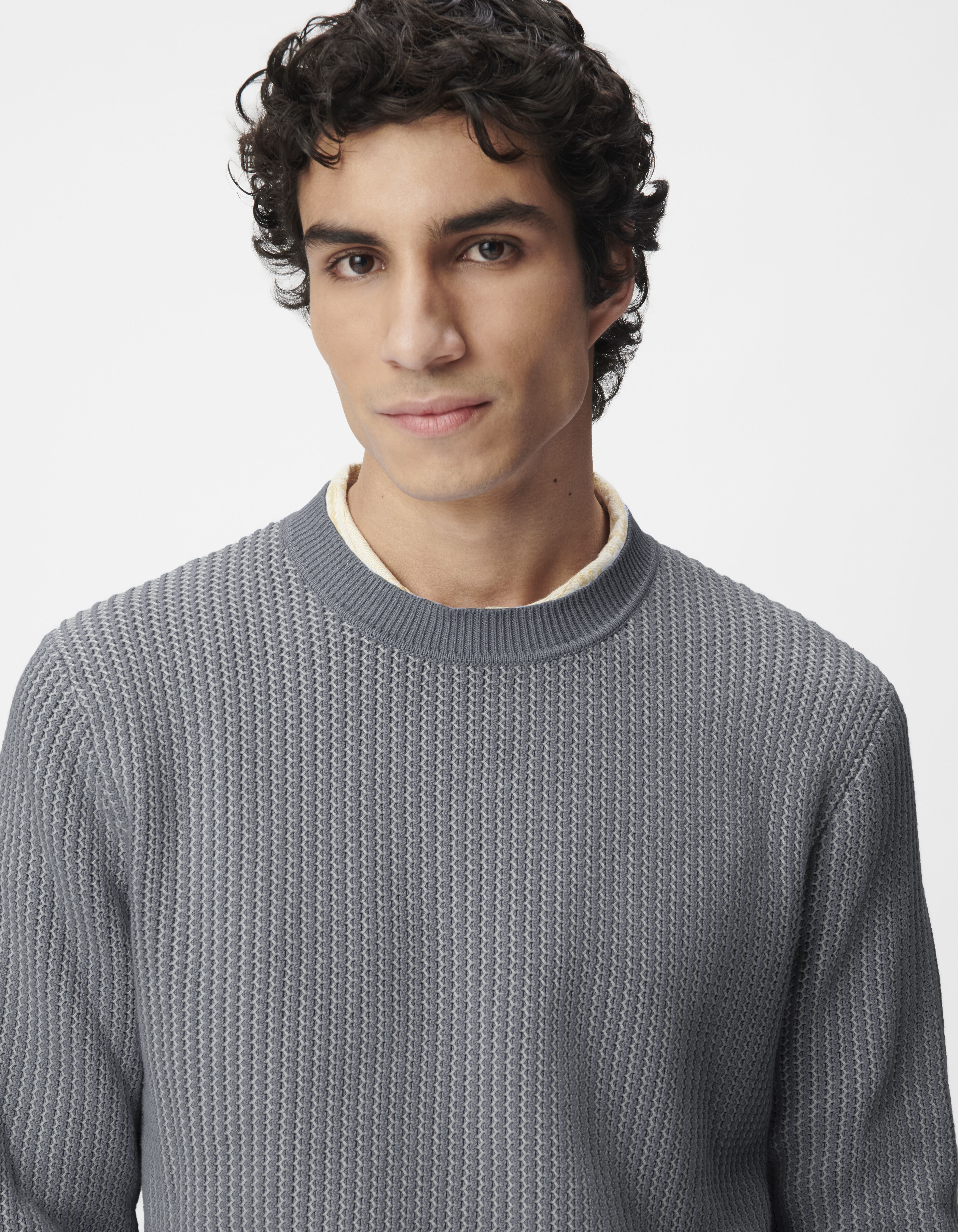 Pull bleu tricot côtelé jacquard Homme