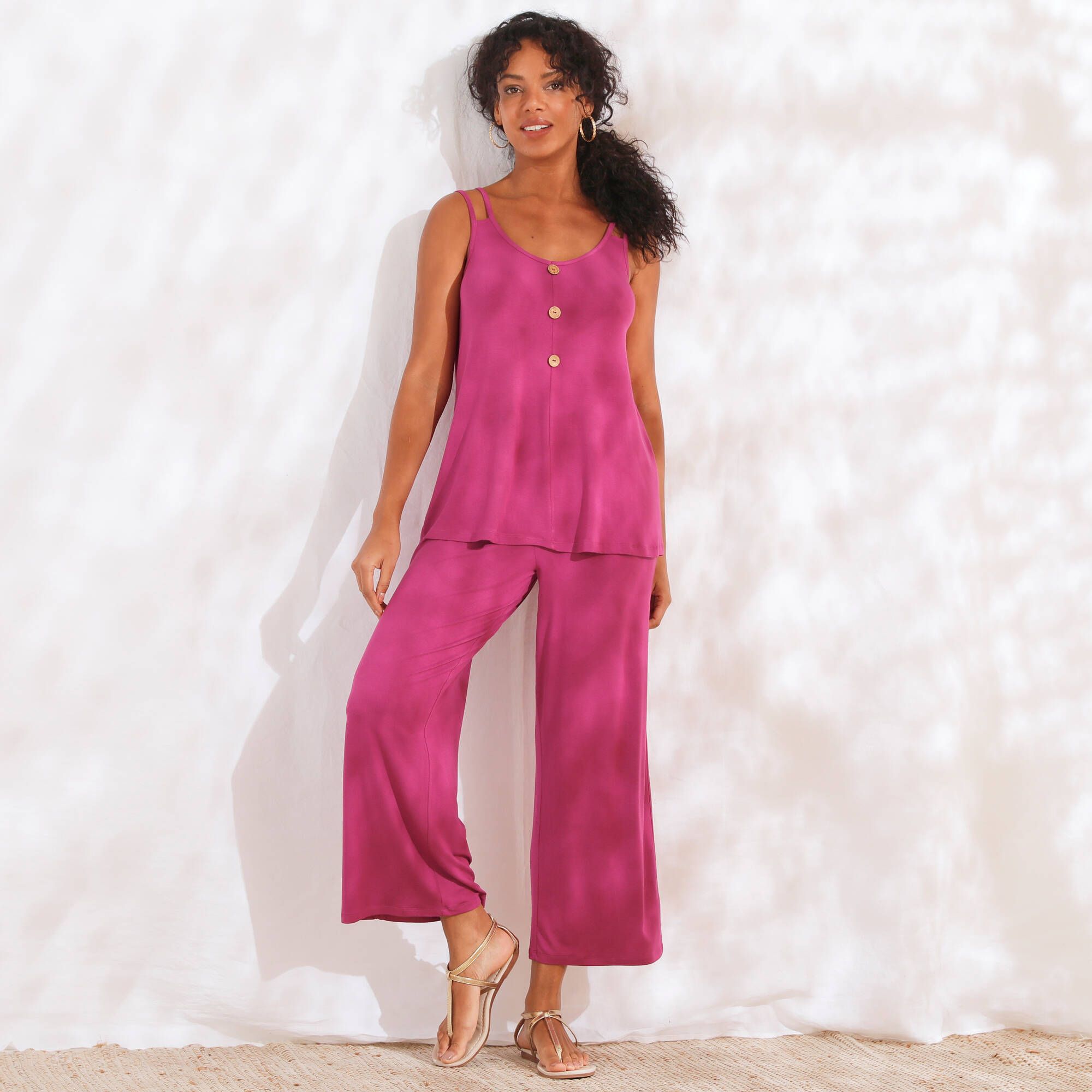 Pantalon large 7/8ème, taille élastiquée, maille unie