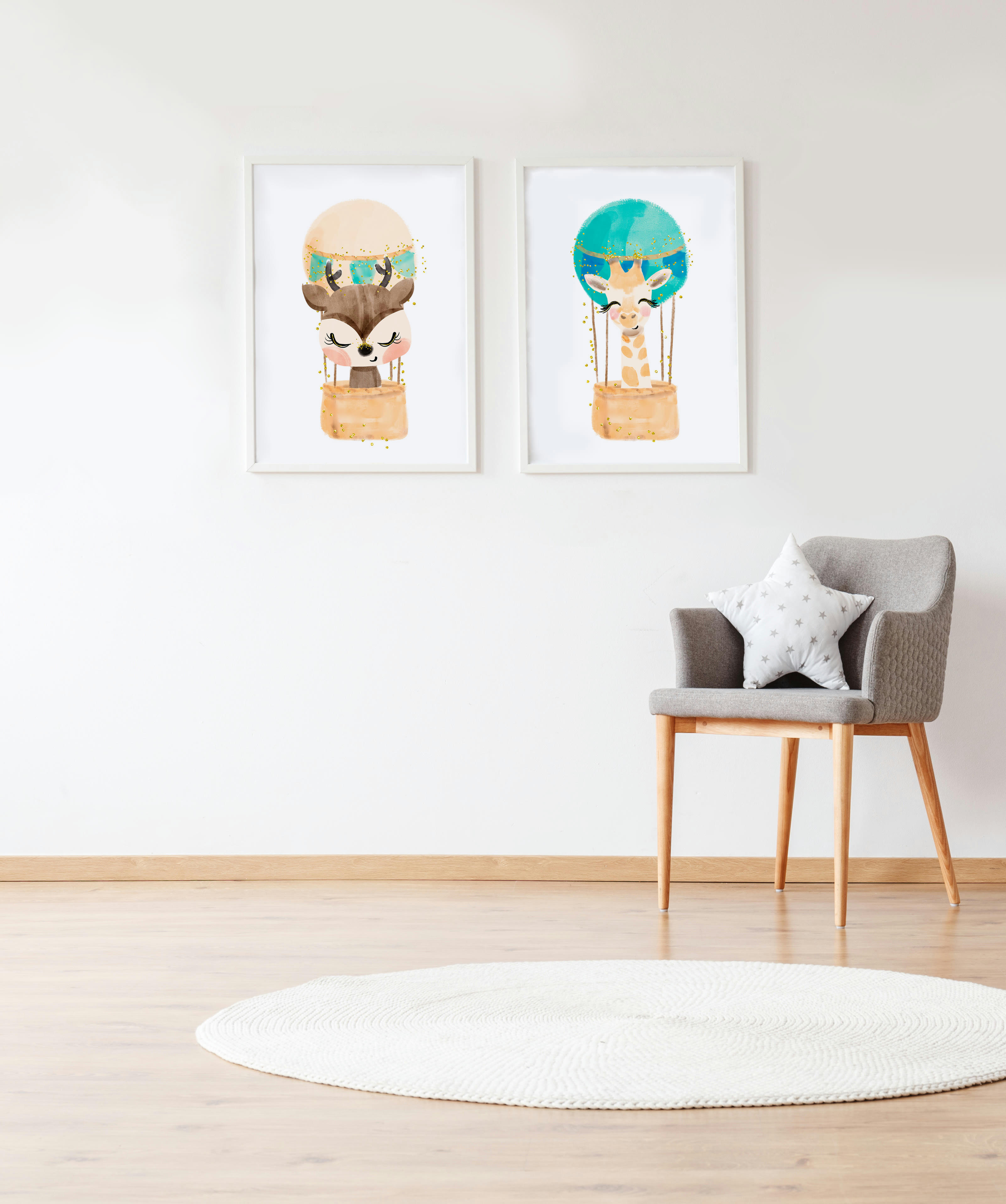 DECOWALL - Pack encadré bois blanc impression le cerf girafe ballon 43X33 cm