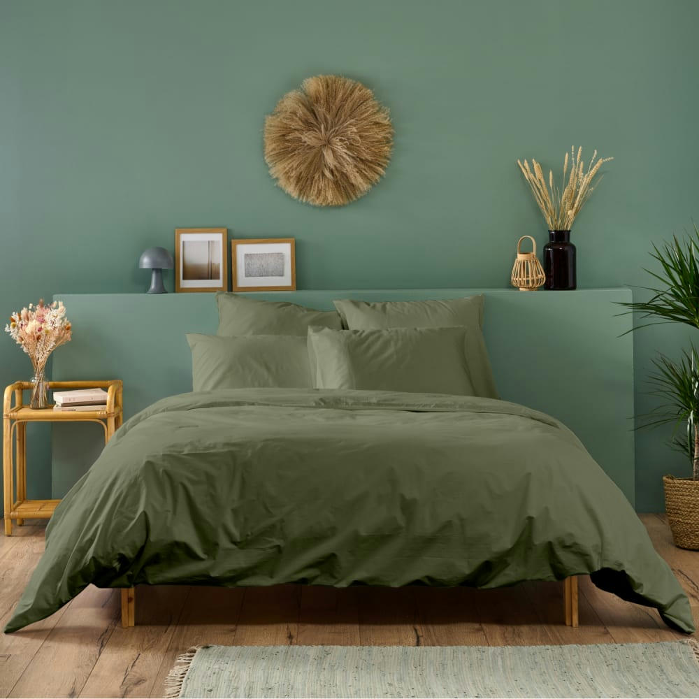 - Parure de lit unie en percale de coton kaki 240x260cm