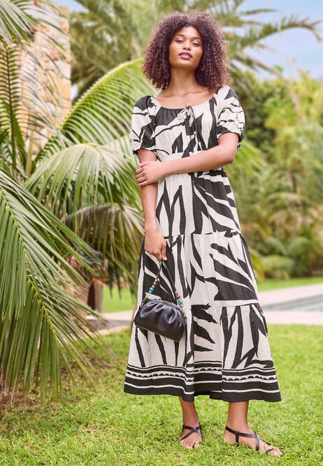 Womens Black & Cream Leaf Print Milkmaid Dress