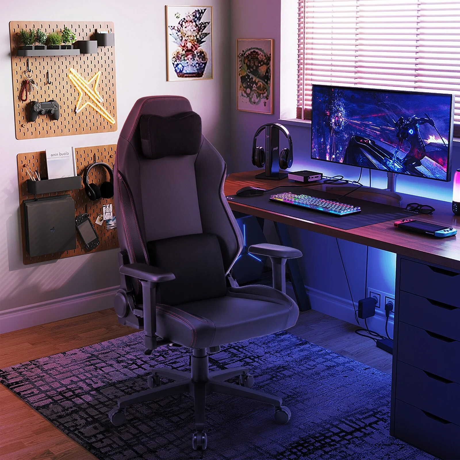 Black PVC Leather Gaming Chair with Recline, Rocking, Adjustable Armrests and Headrest - 28.5 x 27 x 49-52 (L x W x H)