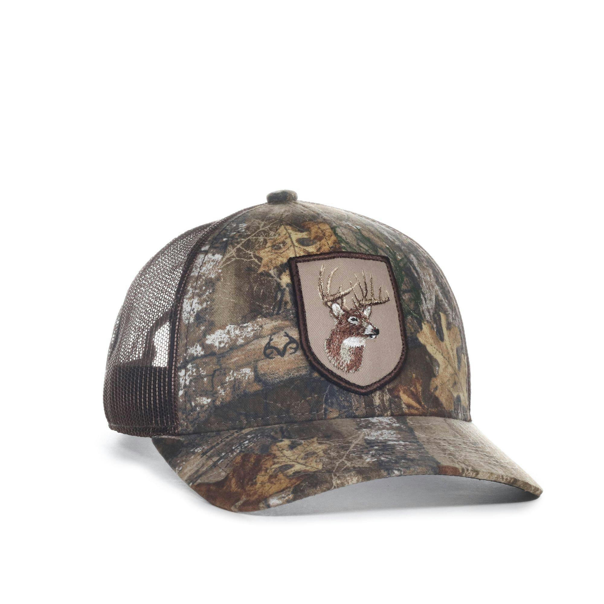 Realtree Edge Camo Deer Patch Brown Mesh Back Unisex Baseball Cap with Snap Closure, One Size