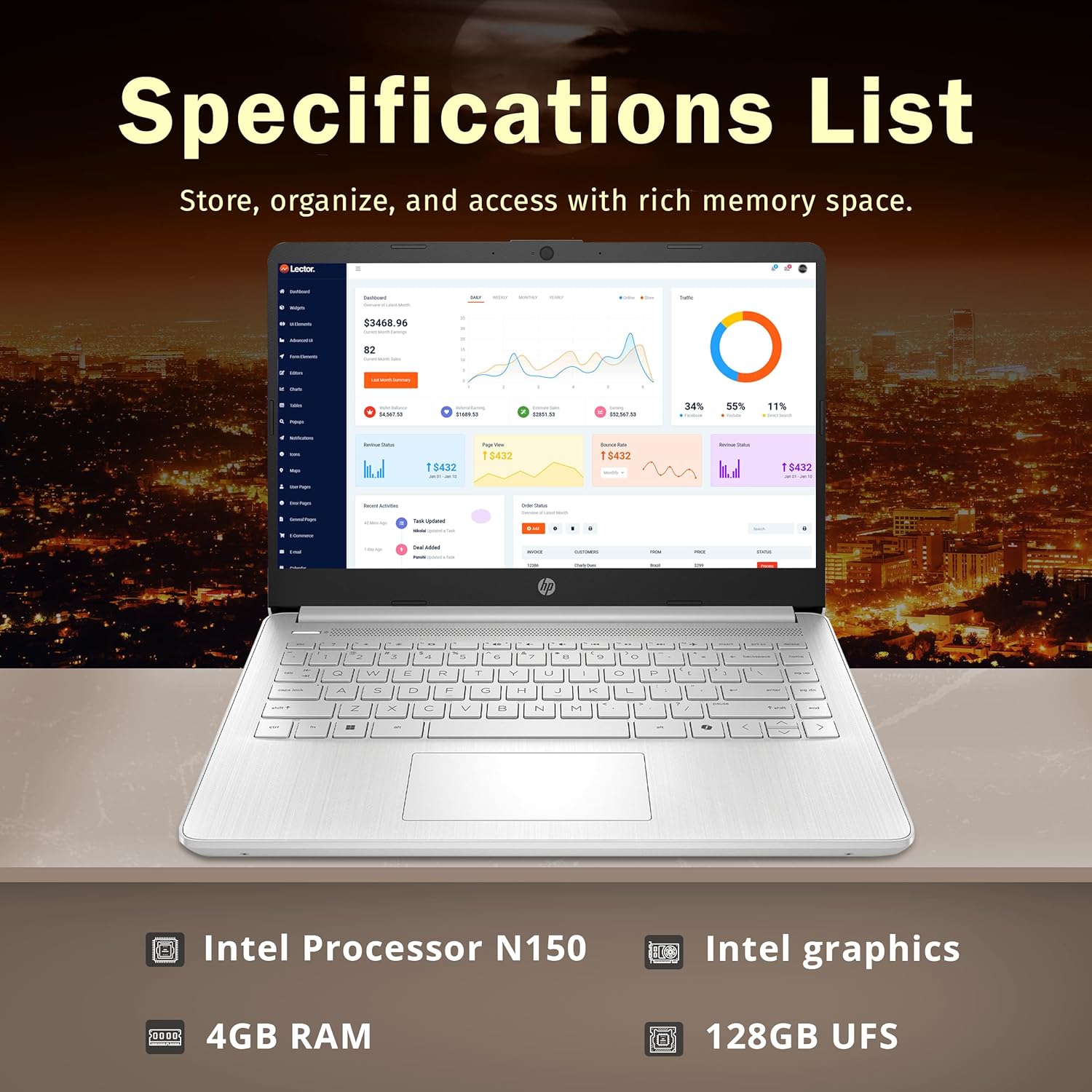 HP Stream 14 HD Laptop, Intel Processor N150, 4GB RAM, 128GB UFS, Intel Graphics, Webcam, Wi-Fi 6, Copilot, Fast Charge, Windows 11, Silver (Renewed)