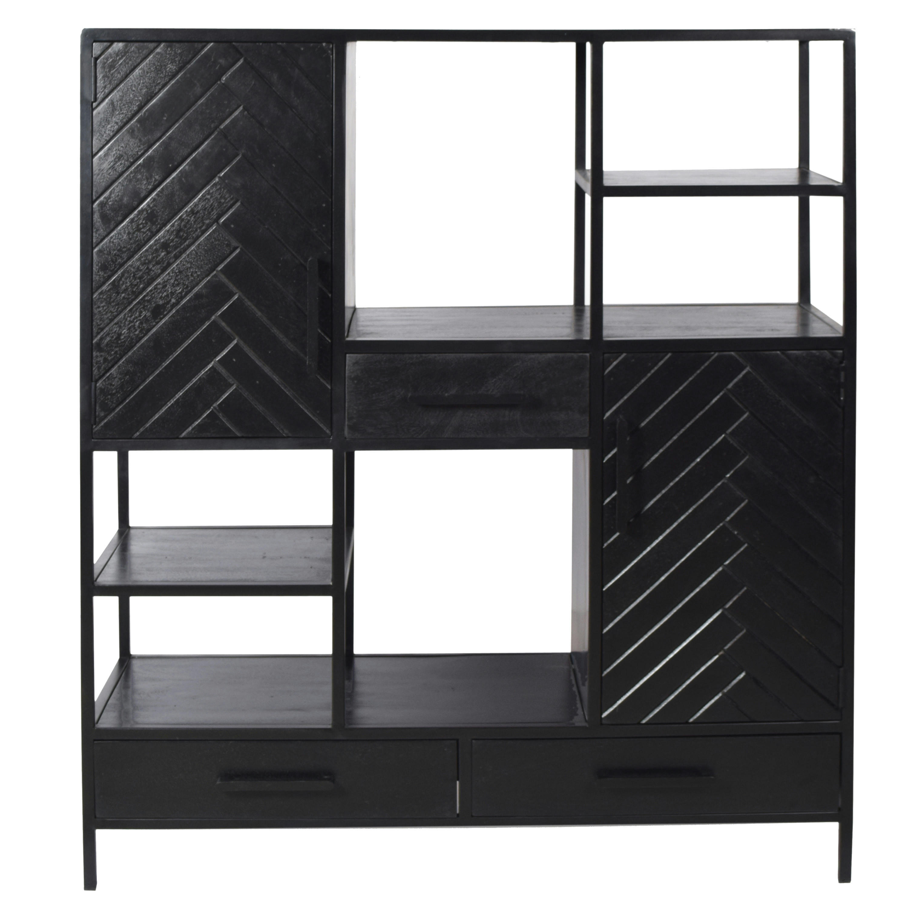 HENDAYE - HENDAYE-Buffet haut 2 portes 3 tiroirs, bois de manguier noir et métal