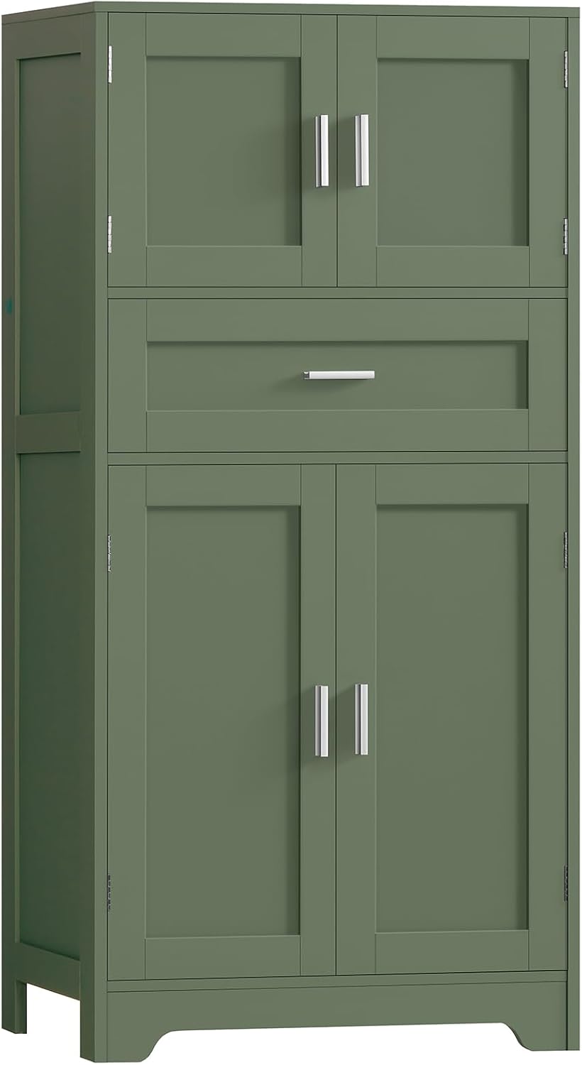 TEENFON Bathroom Floor Storage Cabinet with Adjustable Shelf, Freestanding Storage Cabinet with 4 Doors, Cupboard for Living Room, Home Office, Entryway, Forest Green