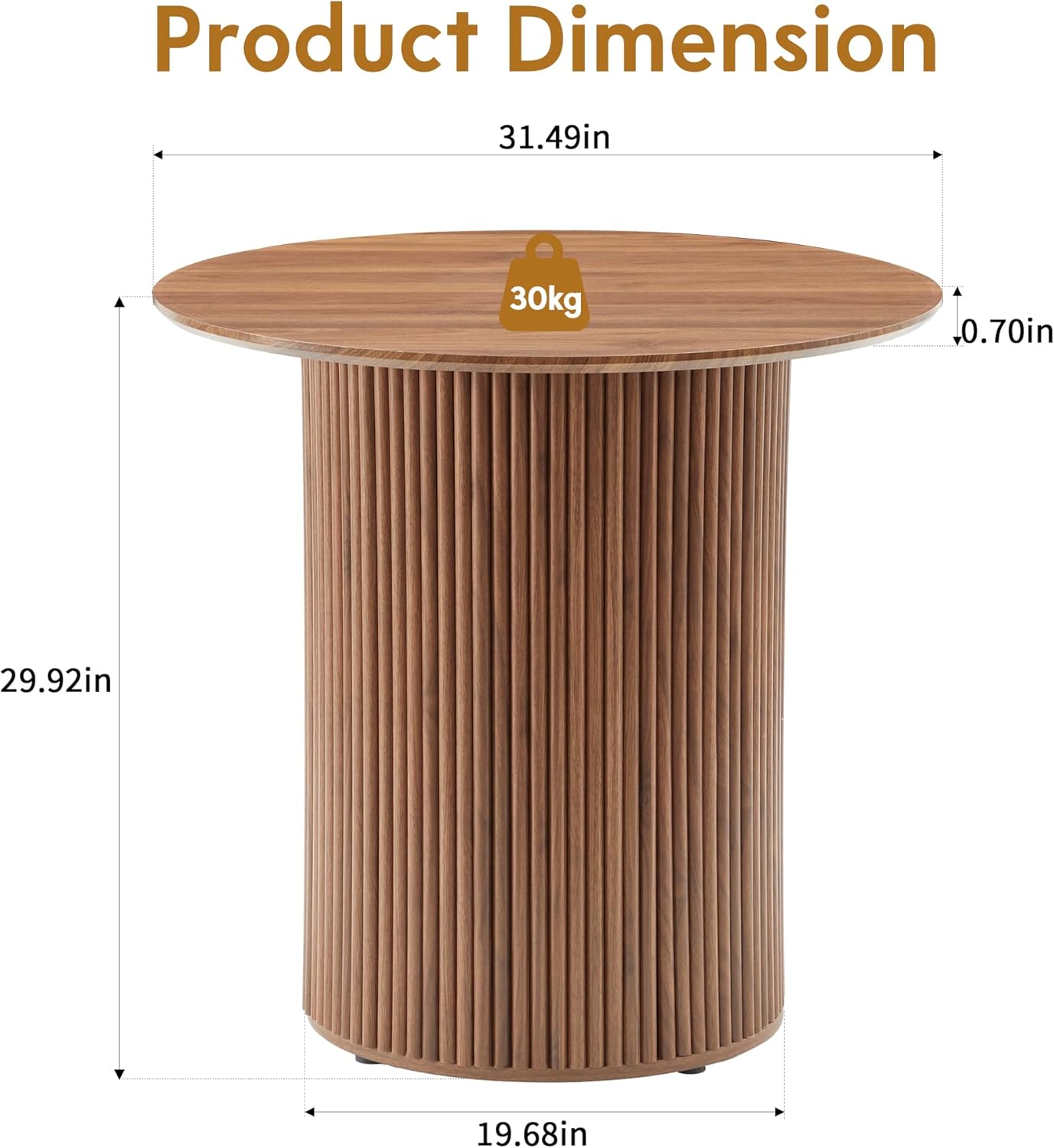 31.5 Small Round Dining Table for 2, Sturdy and Durable Wood Walnut Dining Table Round with Fluted Base, Simple Setup Small Kitchen Table for Living Dining Room Office (Walnut)