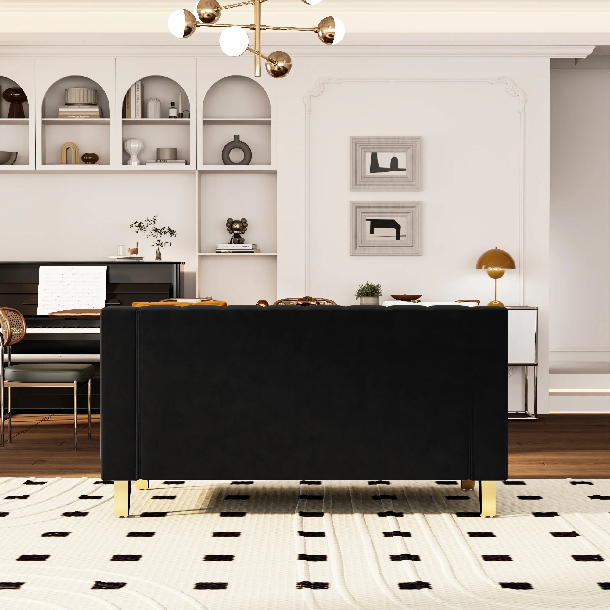 Black Modern Velvet Loveseat Sofa with Gold Accents and Plush Cushions for Living Room