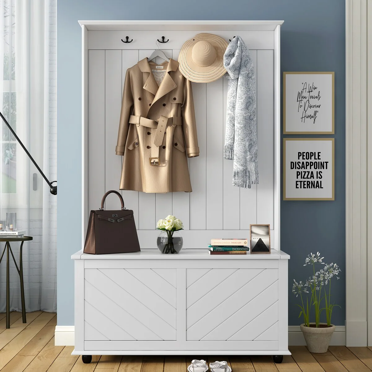 40 Inch 3-In-1 Rectangle Coat Racks Hall Tree Entryway Storage Wide Bench & 4 Hooks with Hinged Lid and Storage Capabilities