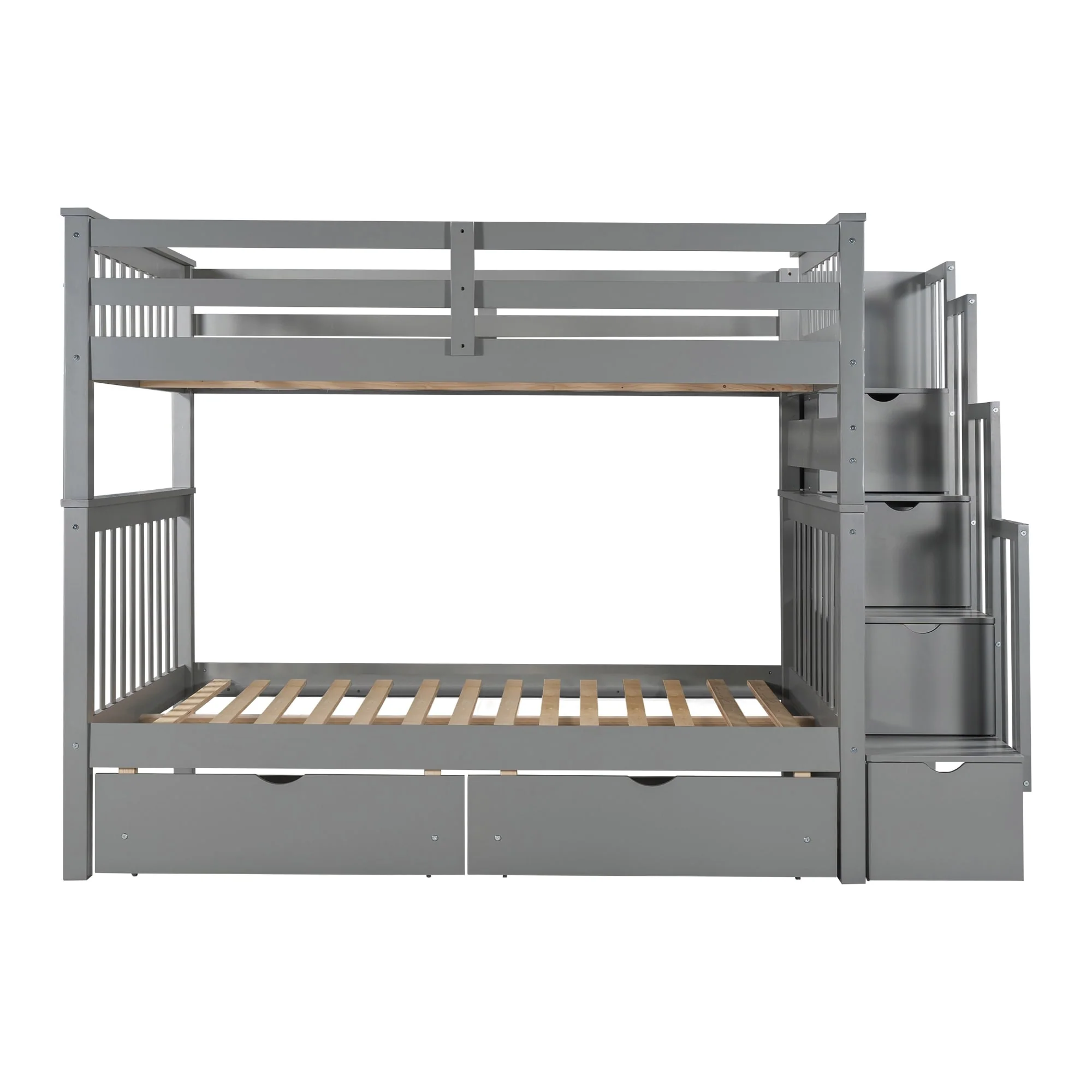 Full Over Full Bunk Bed with Shelves and 6 Storage Drawers, Gray