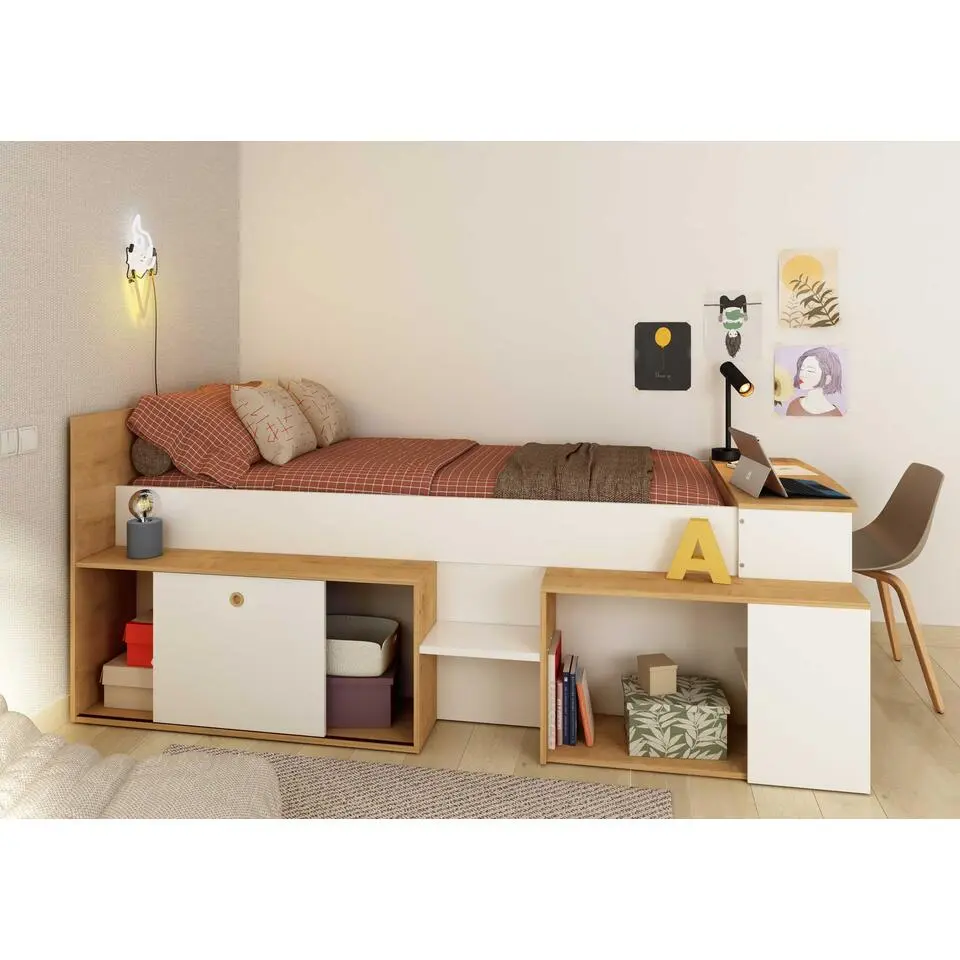 Halfhoogslaper Gaby met bureau - 118x239x96 cm - Wit/eik