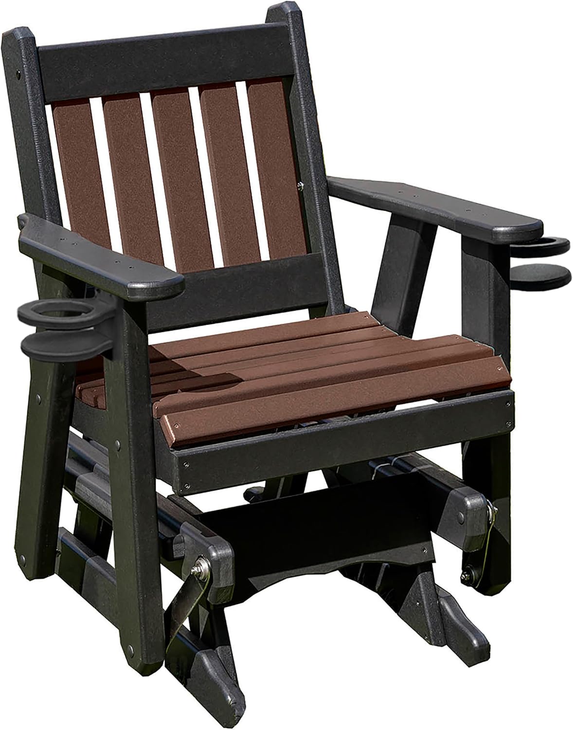 Ecommersify Amish Mission-Style Glider Chair - 2FT (Brown on Black) - Recycled HDPE Poly Lumber - Made in USA - Stainless Steel Outdoor Furniture - 500 lb Capacity with Cup Holders