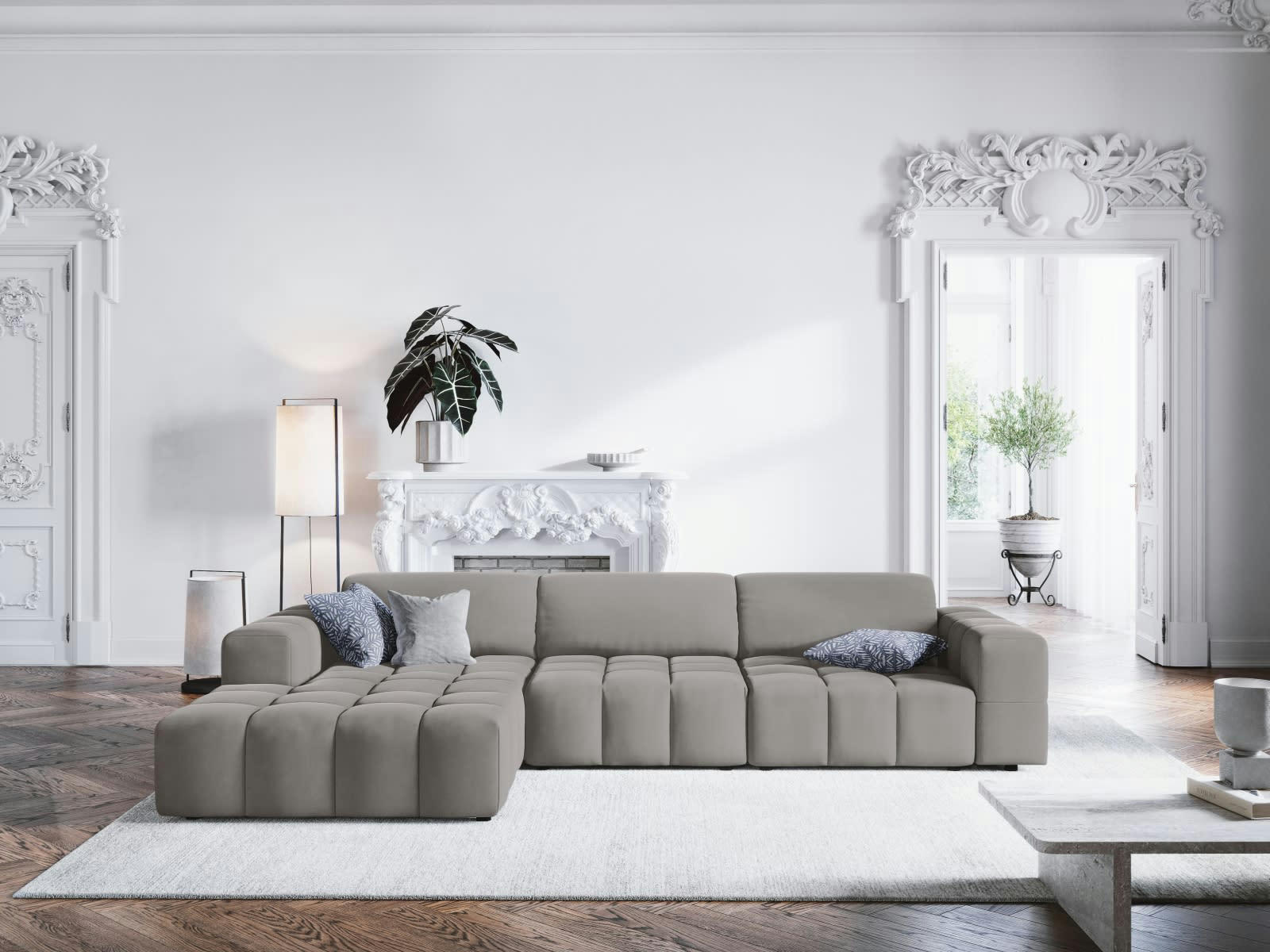 LUC - Canapé d'angle gauche 4 places en tissu velours gris clair