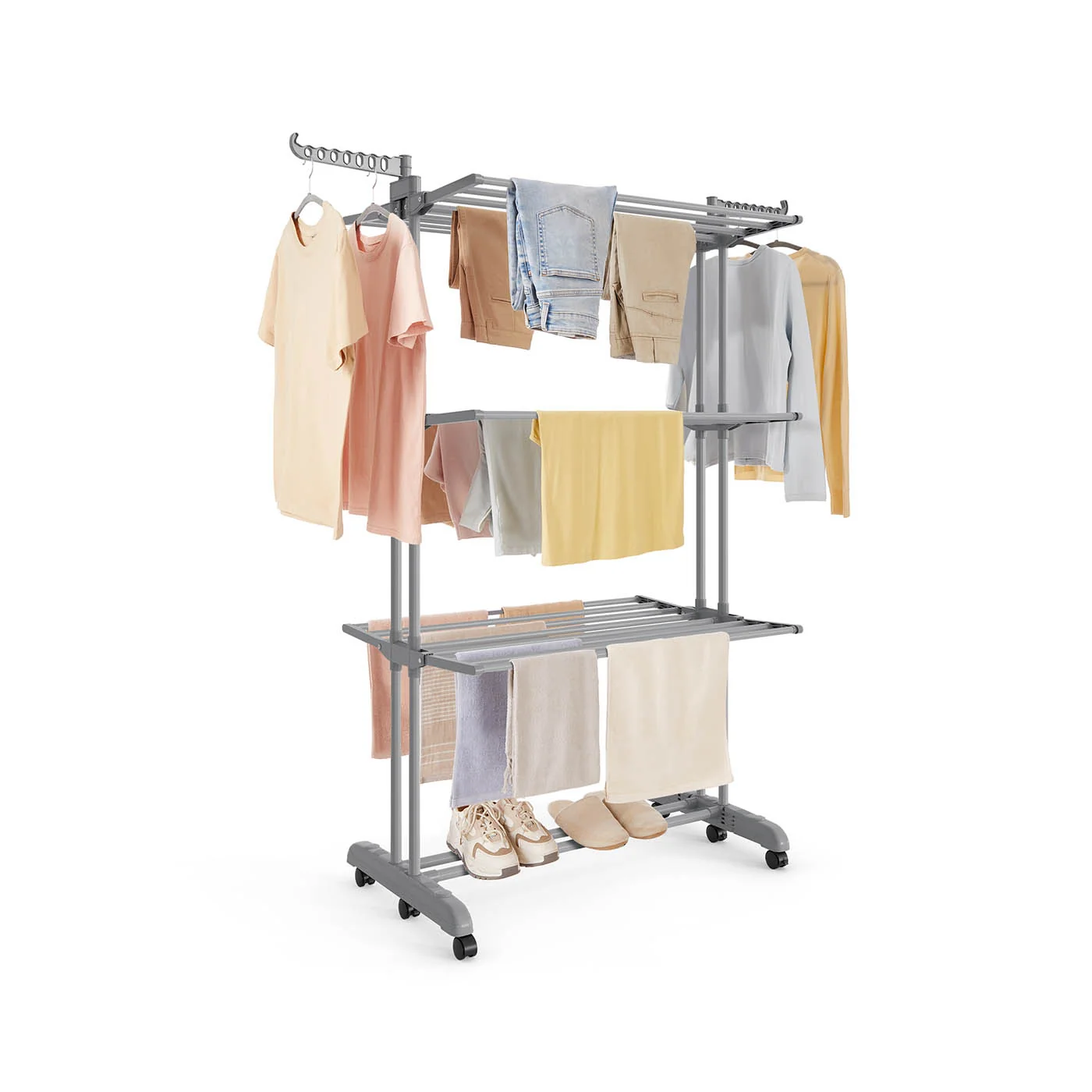 Étendoir à linge à niveaux pliable avec roulettes pratique robuste