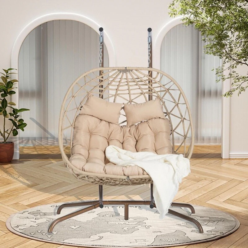 Double Egg Chair with Stand, Wicker Rattan Hanging Chair for Indoor and Outdoor Relaxation
