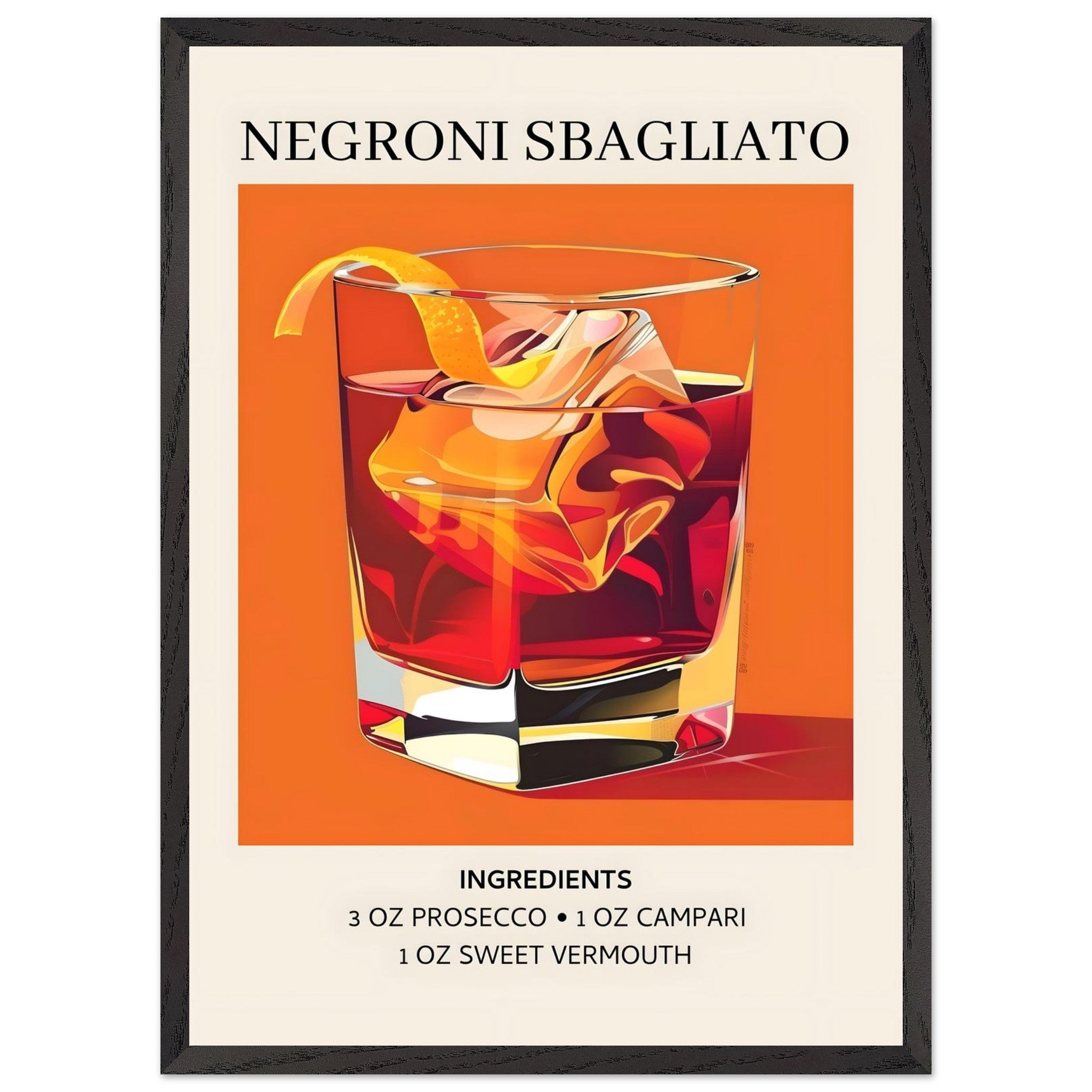 Artfulprints Poster met Lijst Negroni Sbagliato cocktail - Ingrediënten  - 50x70 cm - Oranje