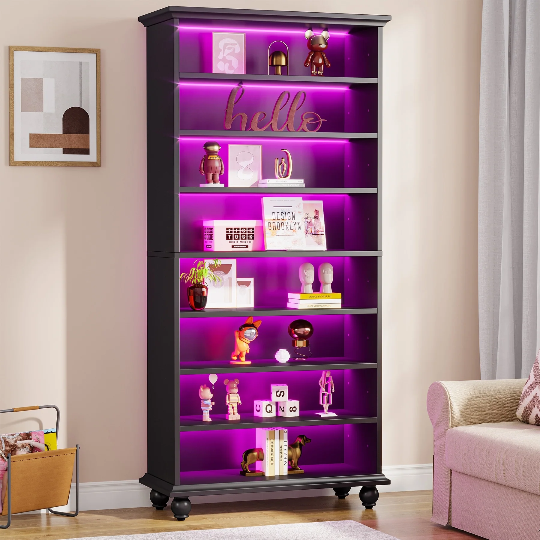 9-tier Tall Bookshelves LED Bookcase for Study Room