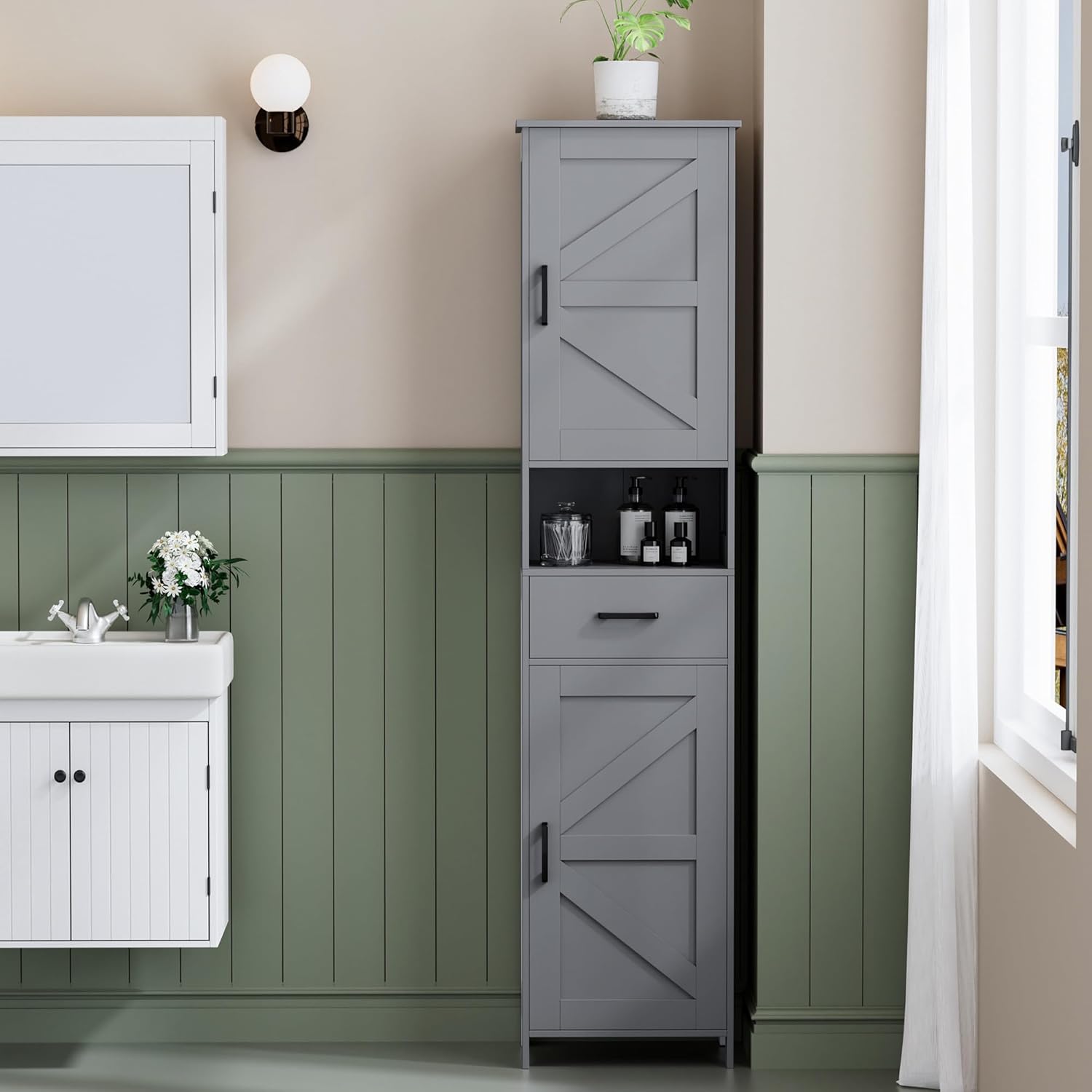 Homhedy 67 H Tall Bathroom Storage Cabinet with 2 Barn Doors and 1 Drawer, Narrow Storage Unit, Adjustable Shelves, Floor Cabinet for Bathroom, Living Room, Entryway, Kitchen, Gray, (15.7 W)