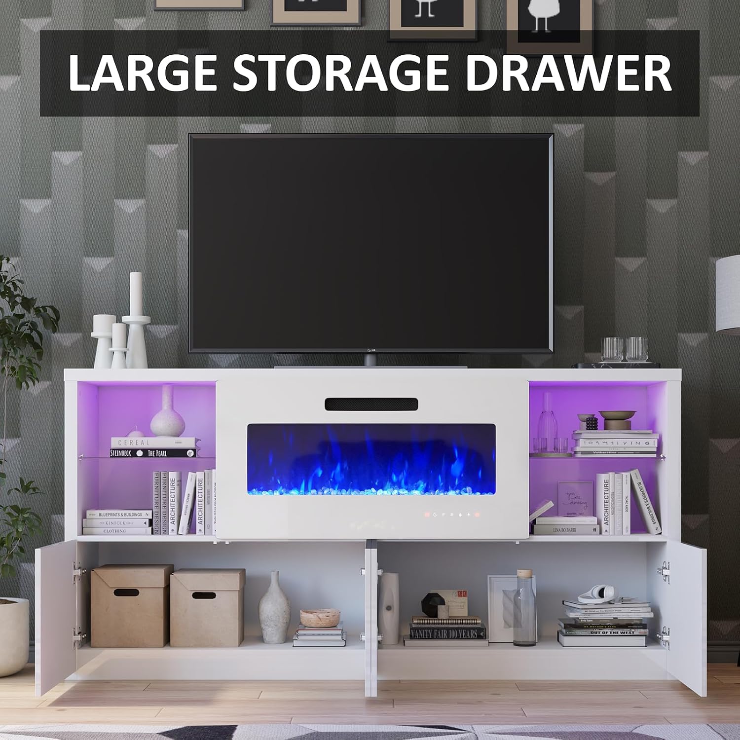 AMERLIFE 68 Fireplace TV Stand with 40 Fireplace, Modern High Gloss Fireplace Entertainment Center with LED Lights for TVs up to 78, TV Console with Glass Shelves for Living Room, White