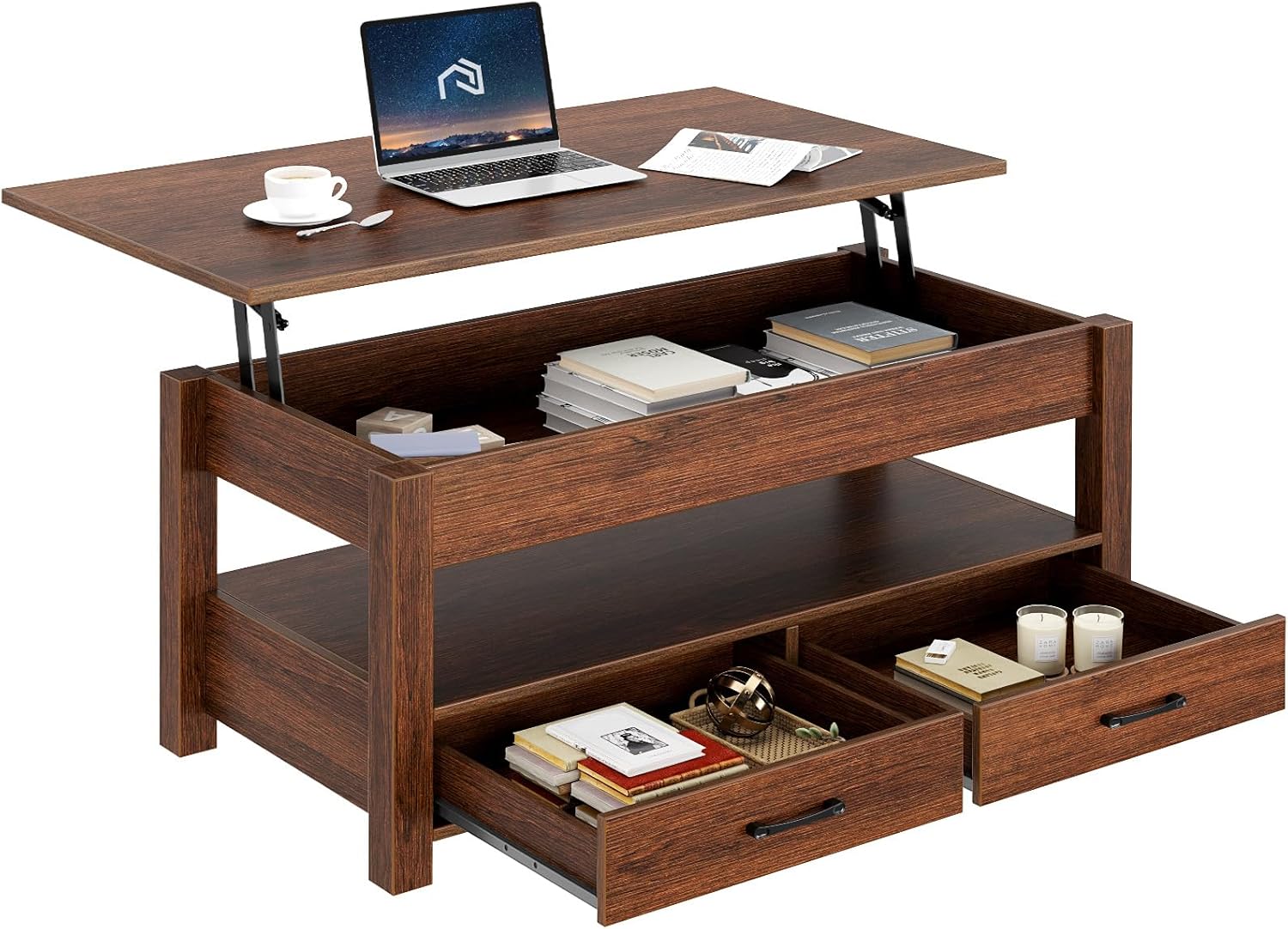 Rolanstar Coffee Table, Lift Top Coffee Table with Drawers and Hidden Compartment, Retro Central Table with Wooden Lift Tabletop, for Living Room,Espresso