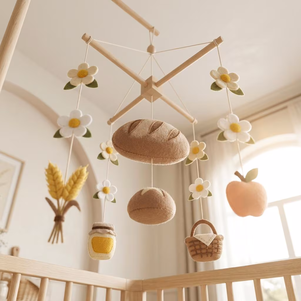 Bakery Baby Mobile | Felt Bread & Wheat Decor | Country Farmhouse Nursery | Baby Shower Gift