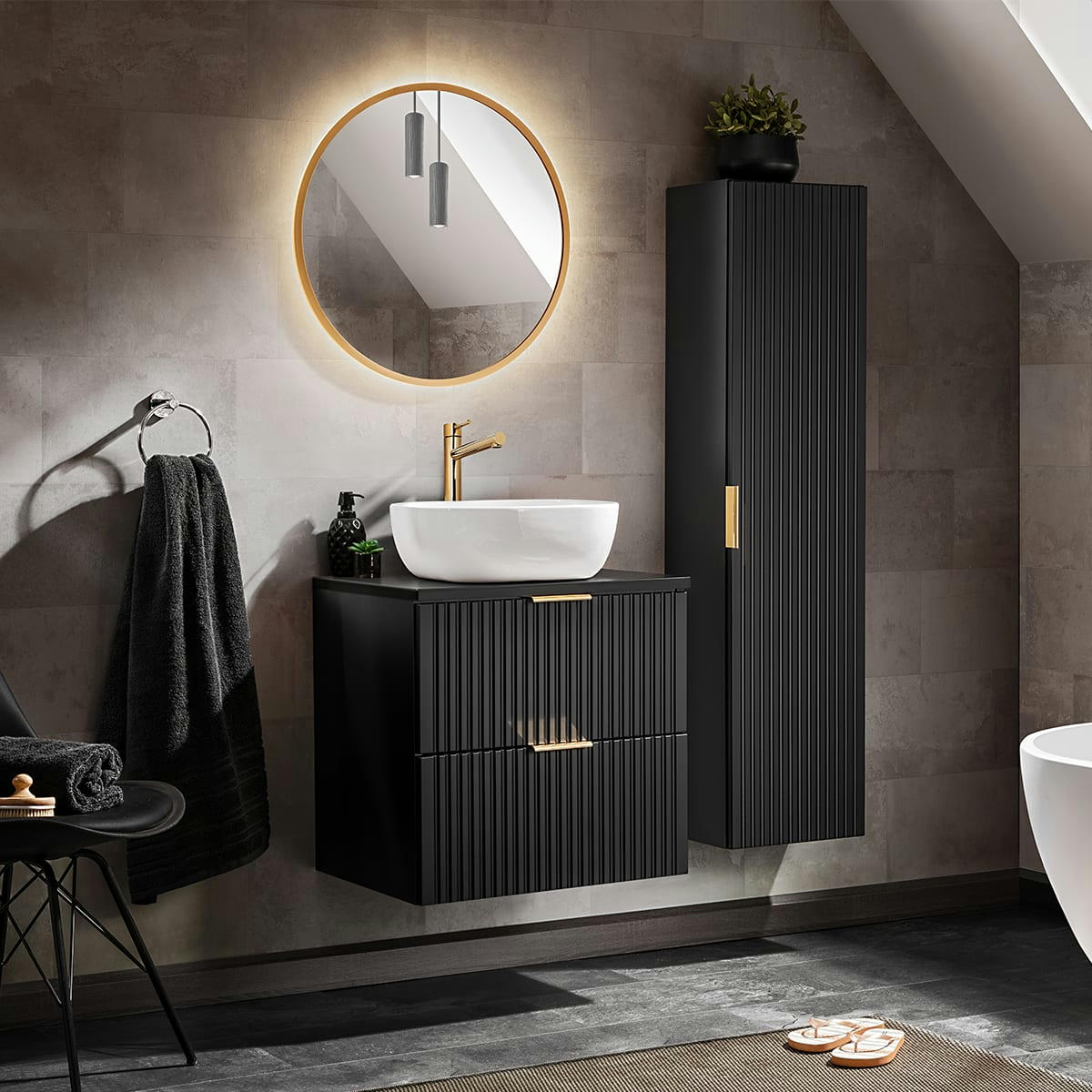 - Ensemble meuble simple vasque 60cm et colonne stratifiés noir mat