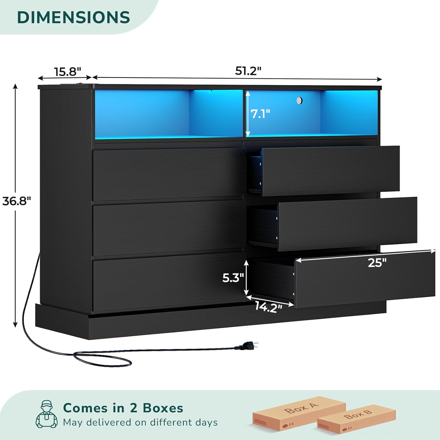 Hasuit Black Dresser for Bedroom with LED Lights and Charging Station, 51.2 Long Dressers Chest of Drawer with Large Drawers and Open Space, Modern 6 Drawer Dresser for Bedroom, Living Room, Entryway